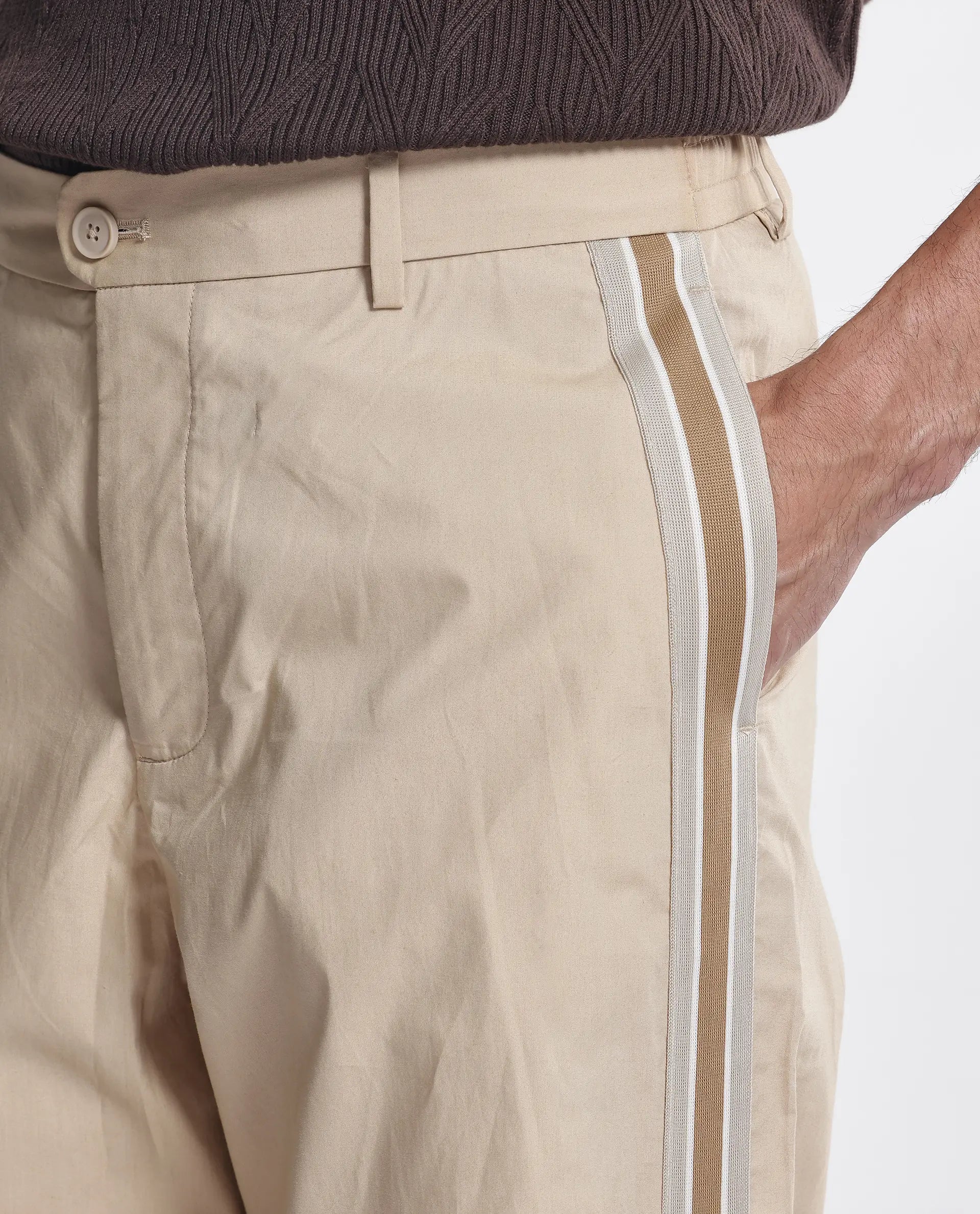 Rare Rabbit Men Macon Beige Cotton Fabric Tape Detailed Mid Rise Baggy Fit Track Pant