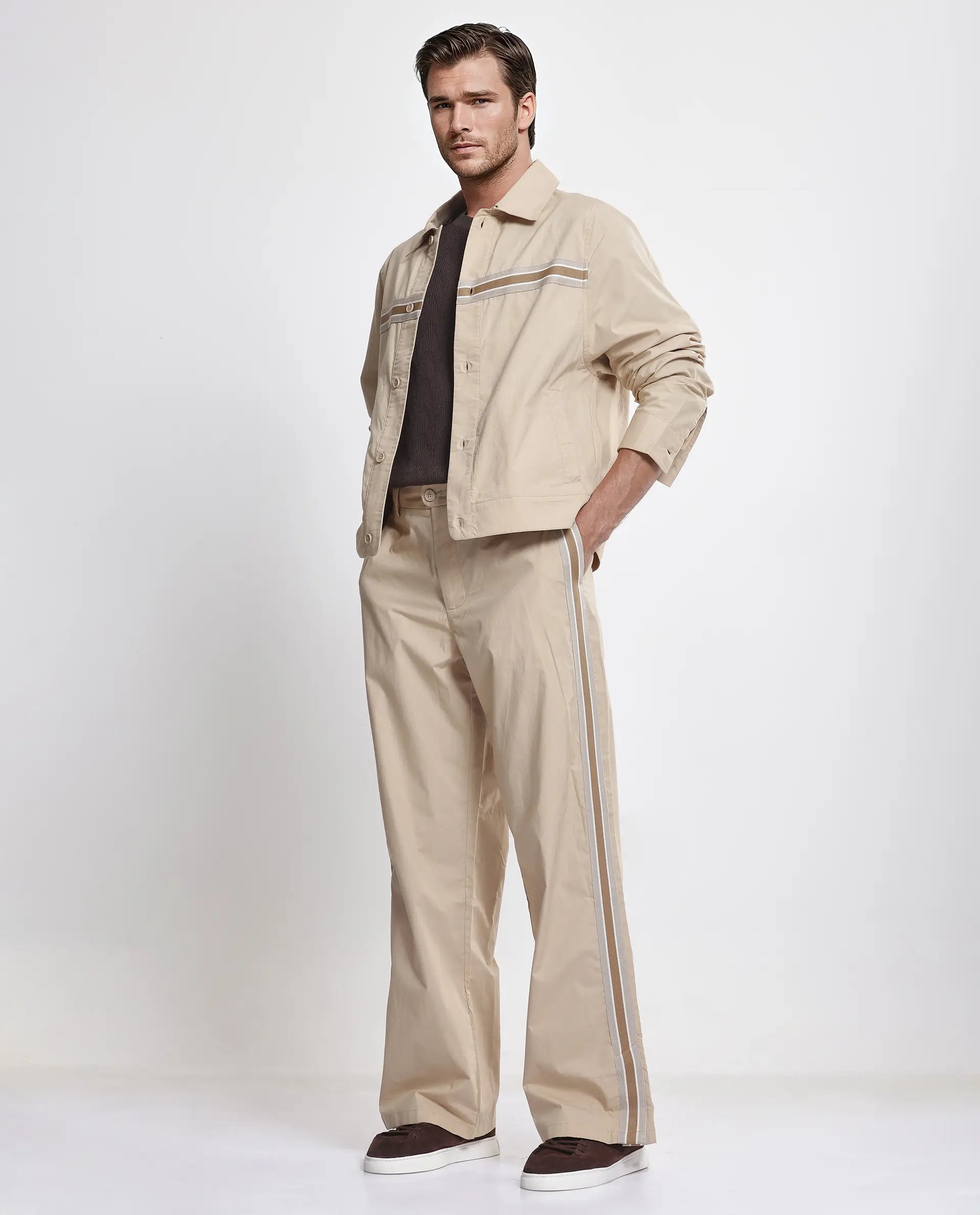 Rare Rabbit Men Macon Beige Cotton Fabric Tape Detailed Mid Rise Baggy Fit Track Pant