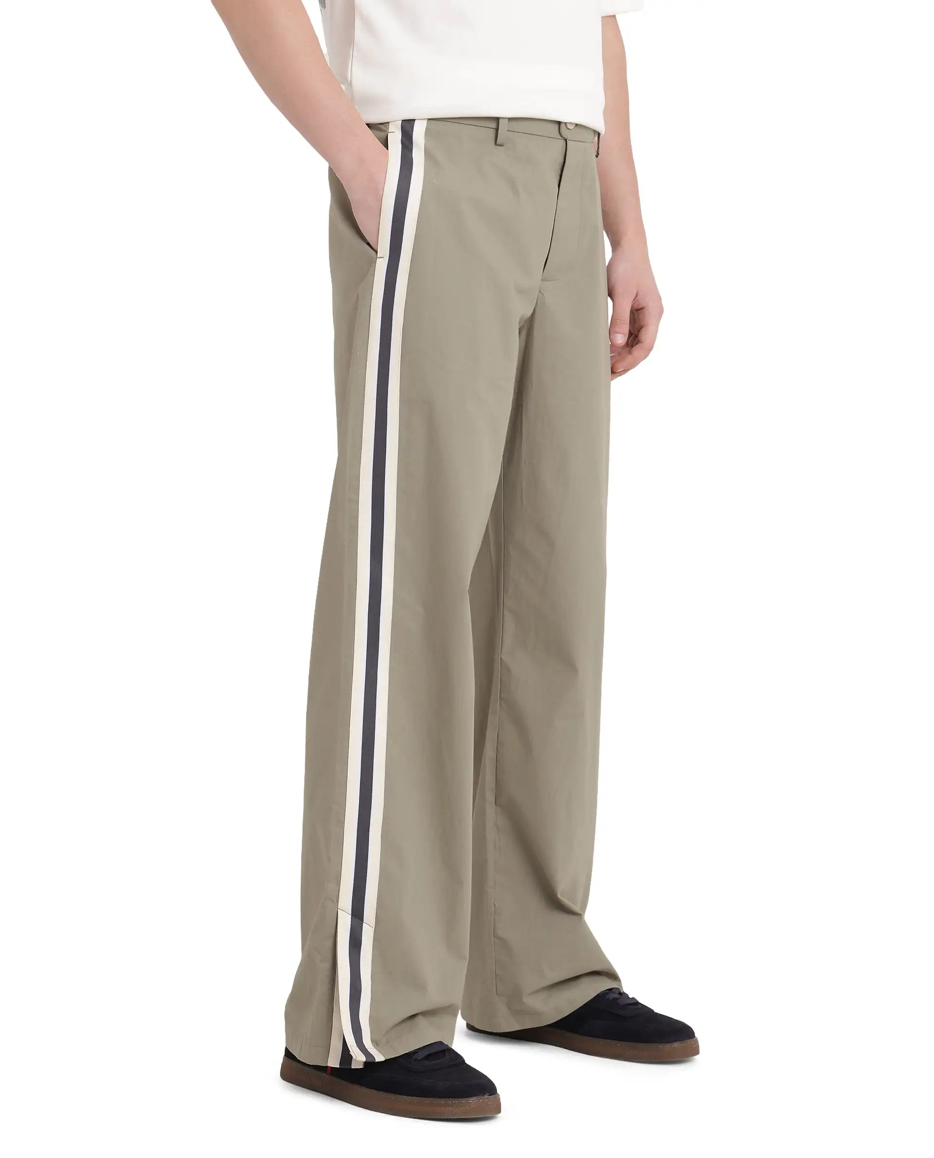 Rare Rabbit Men Macon Green Cotton Fabric Mid Rise Baggy Fit Side Slit with Snap Button Closure Tape Detailing Track Pant