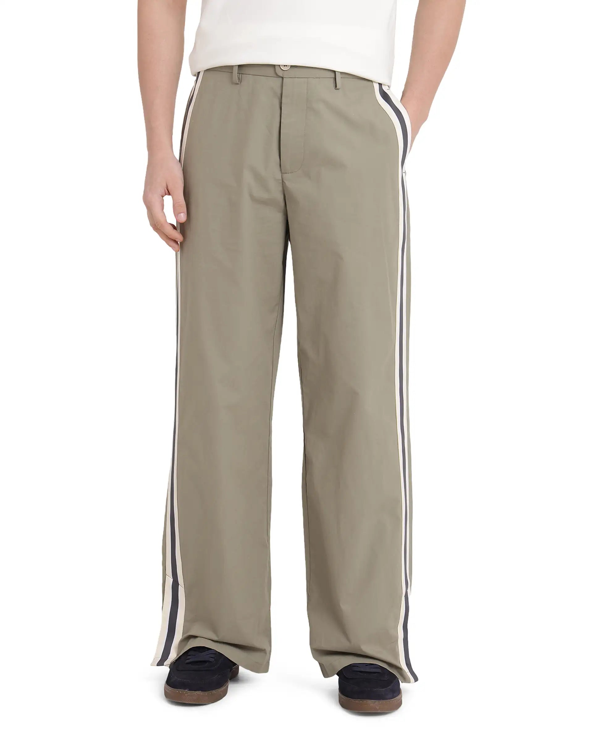 Rare Rabbit Men Macon Green Cotton Fabric Mid Rise Baggy Fit Side Slit with Snap Button Closure Tape Detailing Track Pant