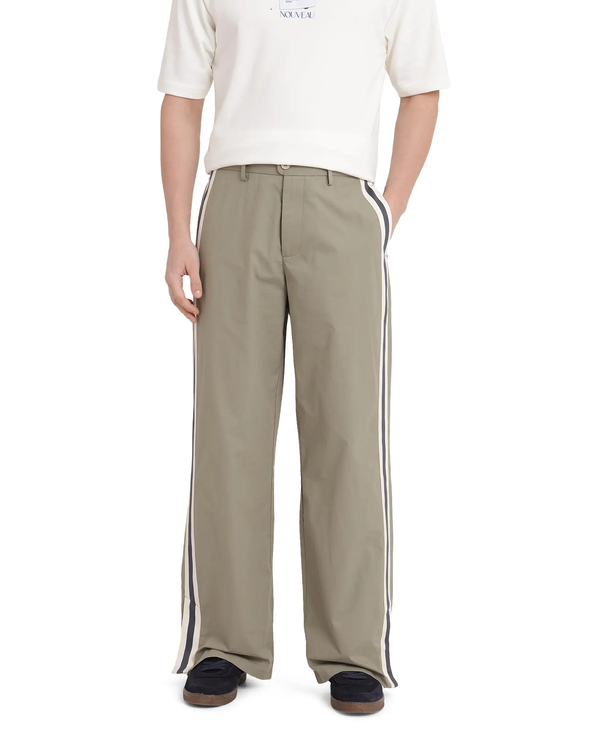 Rare Rabbit Men Macon Green Cotton Fabric Mid Rise Baggy Fit Side Slit with Snap Button Closure Tape Detailing Track Pant