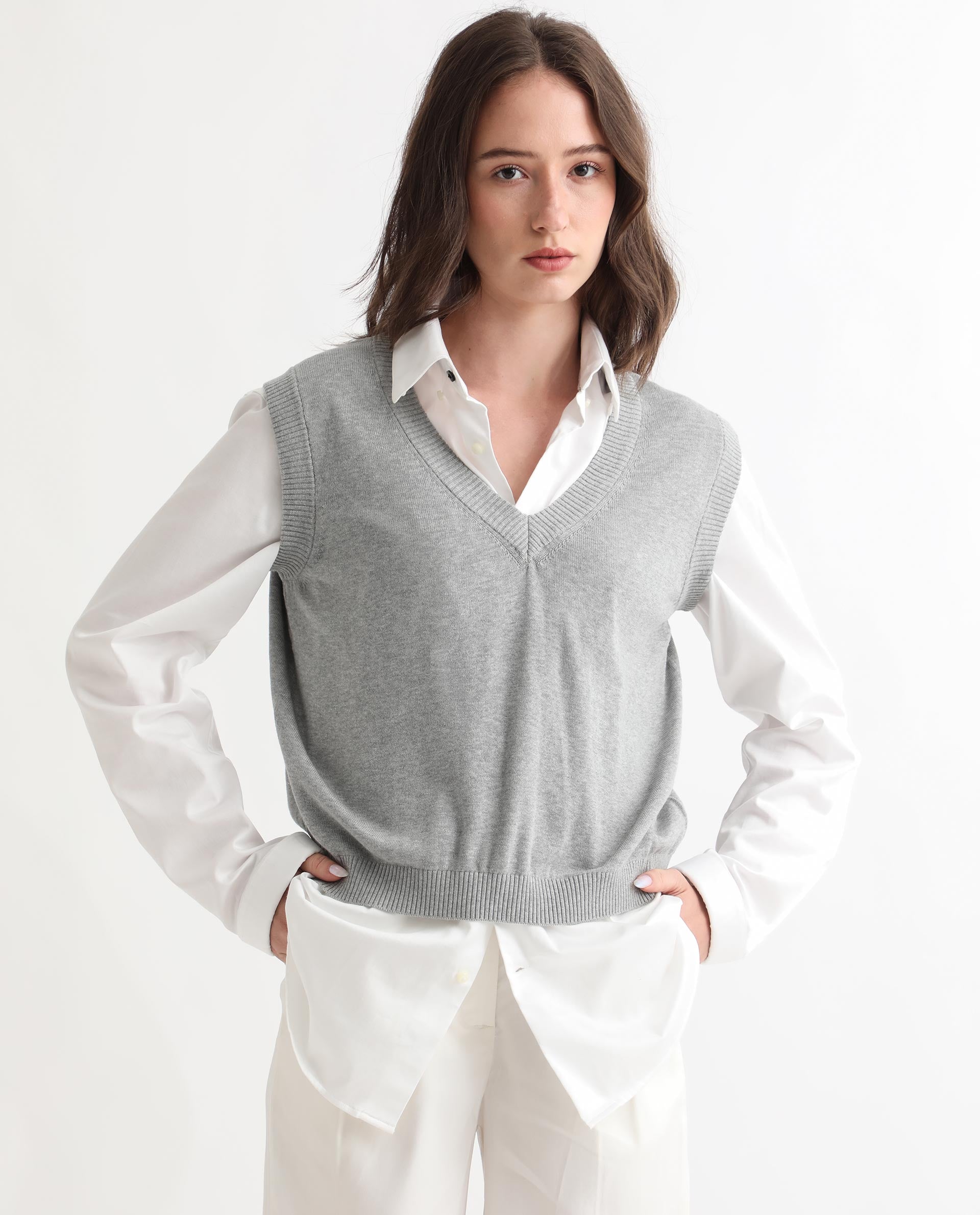 Rareism Women Madelyn Grey Cotton Fabric Sleeveless Knee Length Regular Fit Solid V-Neck Sweater