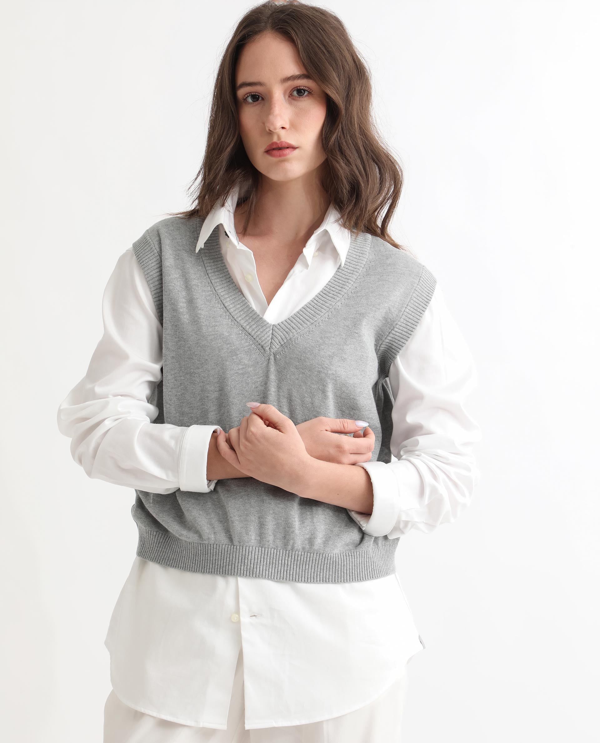 Rareism Women Madelyn Grey Cotton Fabric Sleeveless Knee Length Regular Fit Solid V-Neck Sweater