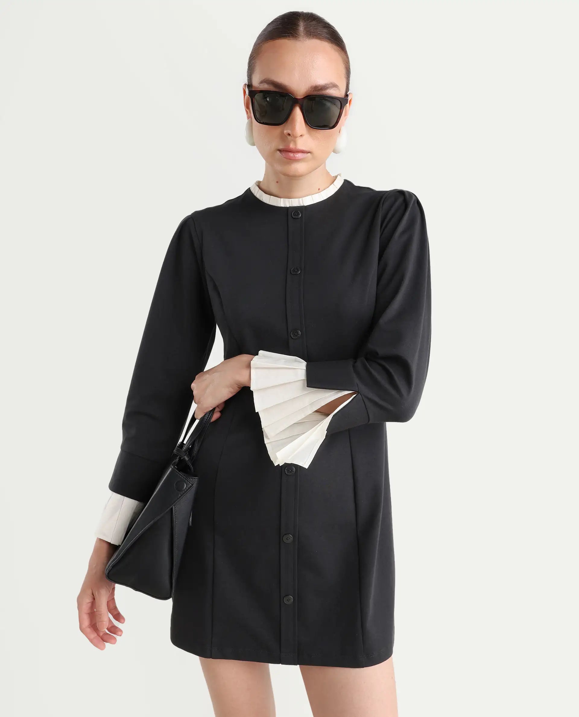 Rareism Women's Mafis Black Polyester Blend Ruffled Neck Plain Fashion Sleeve Mini Straight Fit Dress