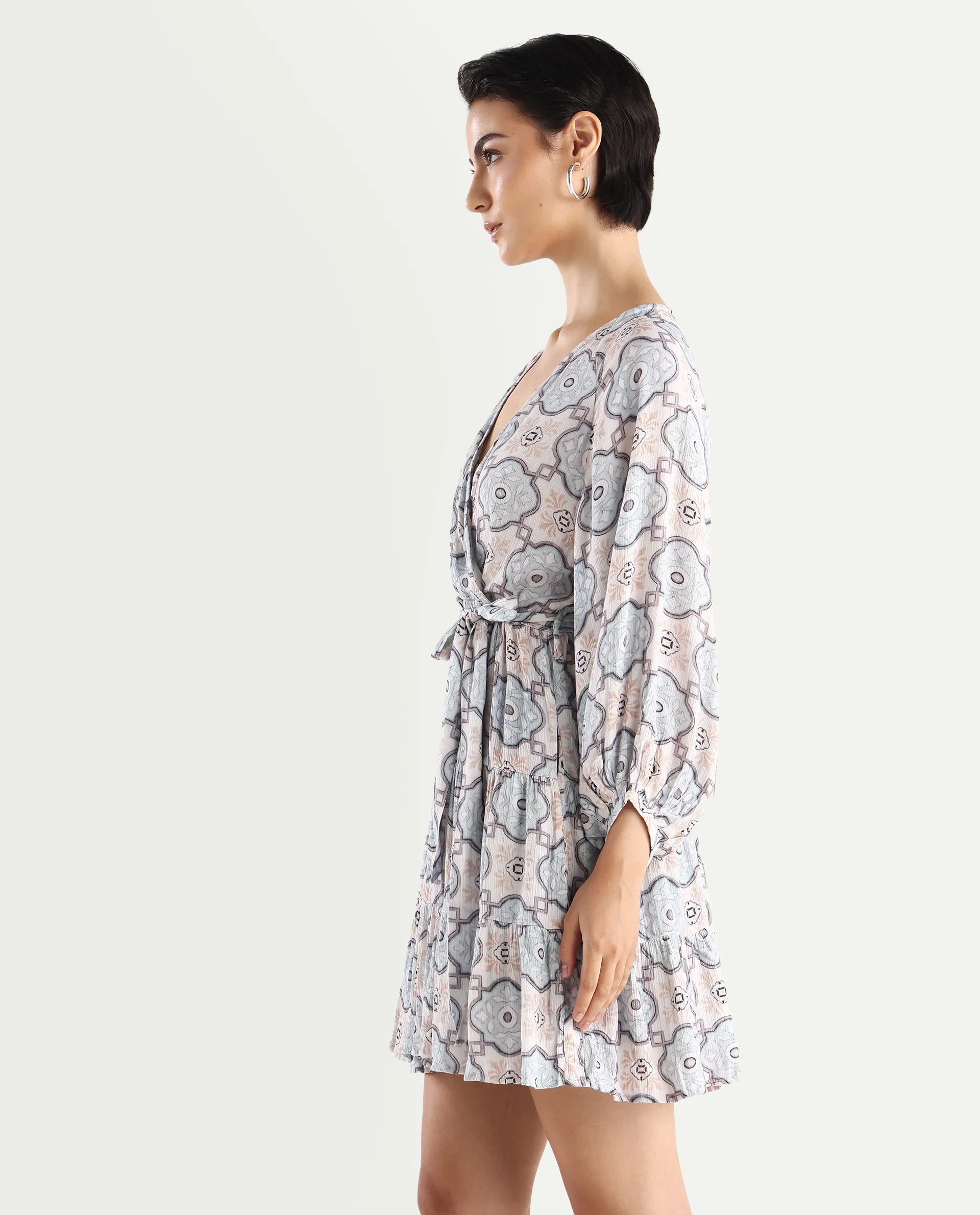 Rareism Women's Mage-Light Blue Rayon Overlap Neck Abstract Print Raglan Sleeve Mini Fit And Flare Dress