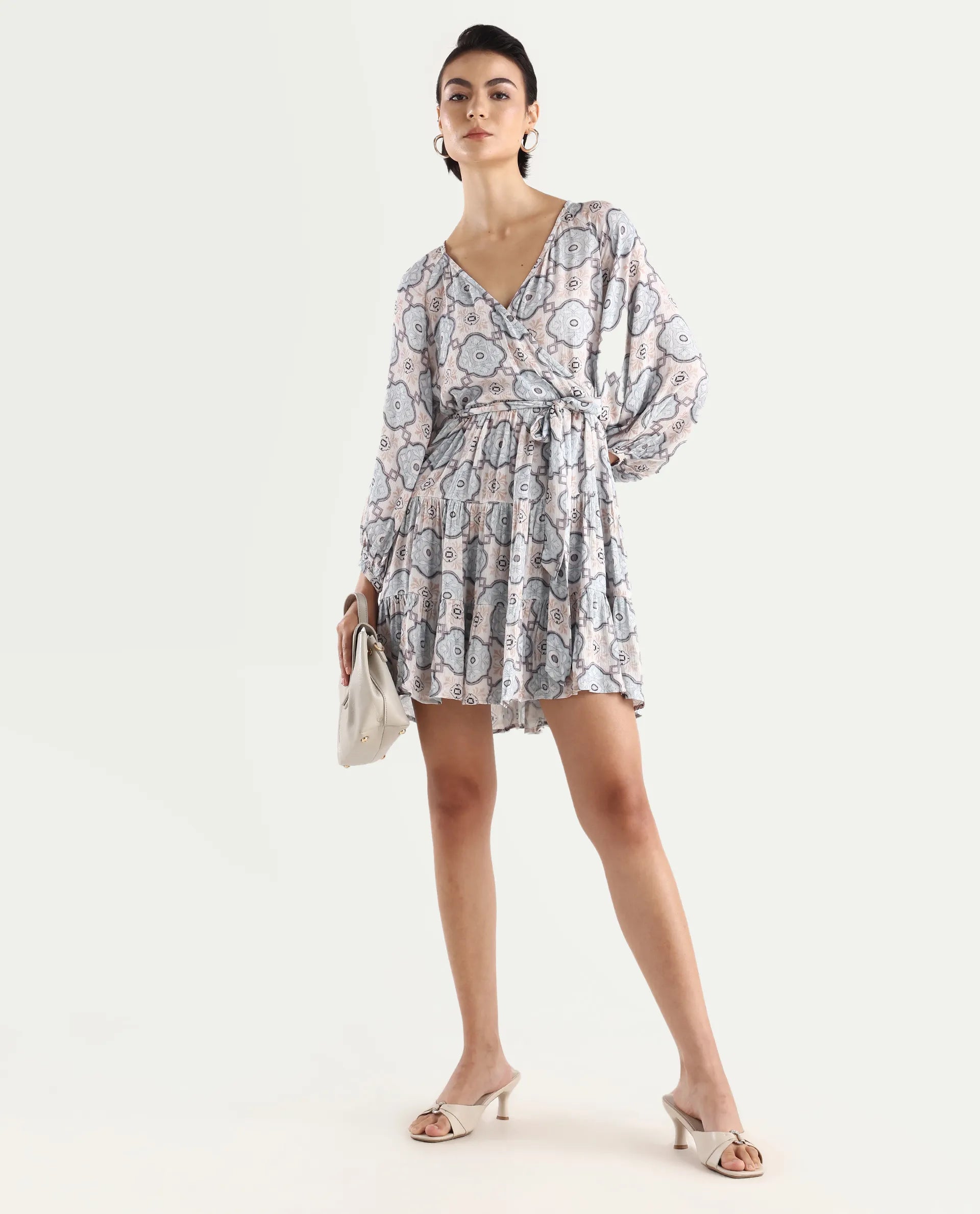 Rareism Women's Mage-Light Blue Rayon Overlap Neck Abstract Print Raglan Sleeve Mini Fit And Flare Dress