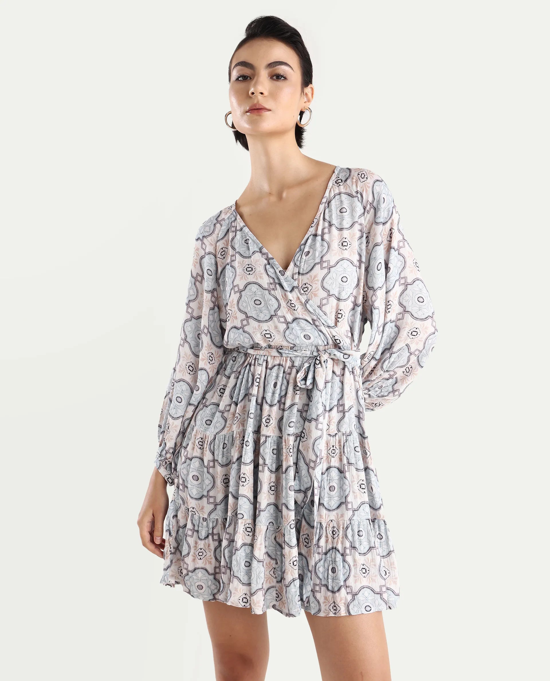 Rareism Women's Mage-Light Blue Rayon Overlap Neck Abstract Print Raglan Sleeve Mini Fit And Flare Dress