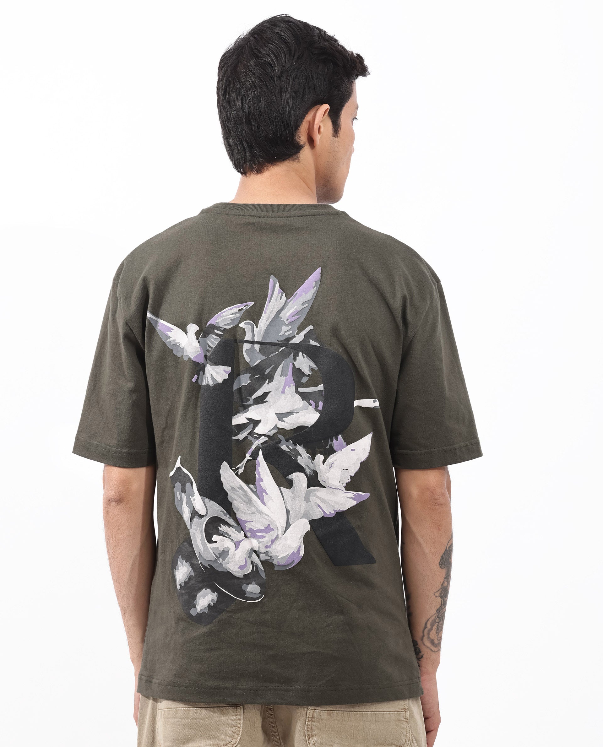 Rare Rabbit Articale Men's Magiq Olive Cotton Polyester Fabric Crew Neck Oversized Fit Graphic Abstract Print T-Shirt