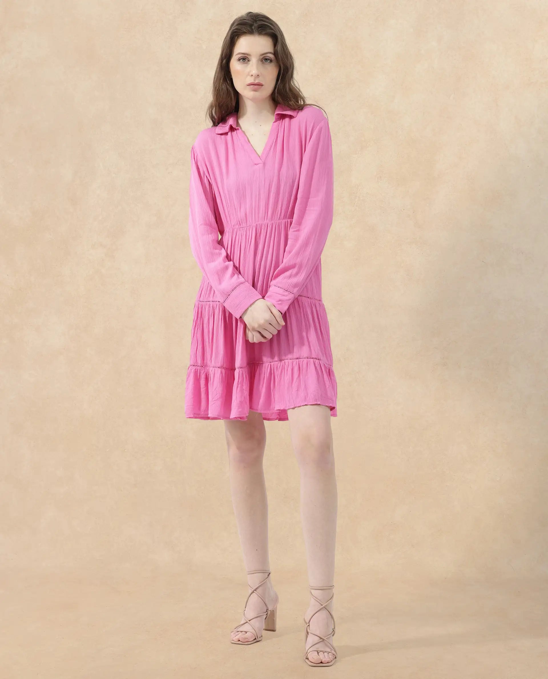 Rareism Women Magner Pink Rayon Fabric Full Sleeves Collared Neck Fit And Flare Plain Mini Dress