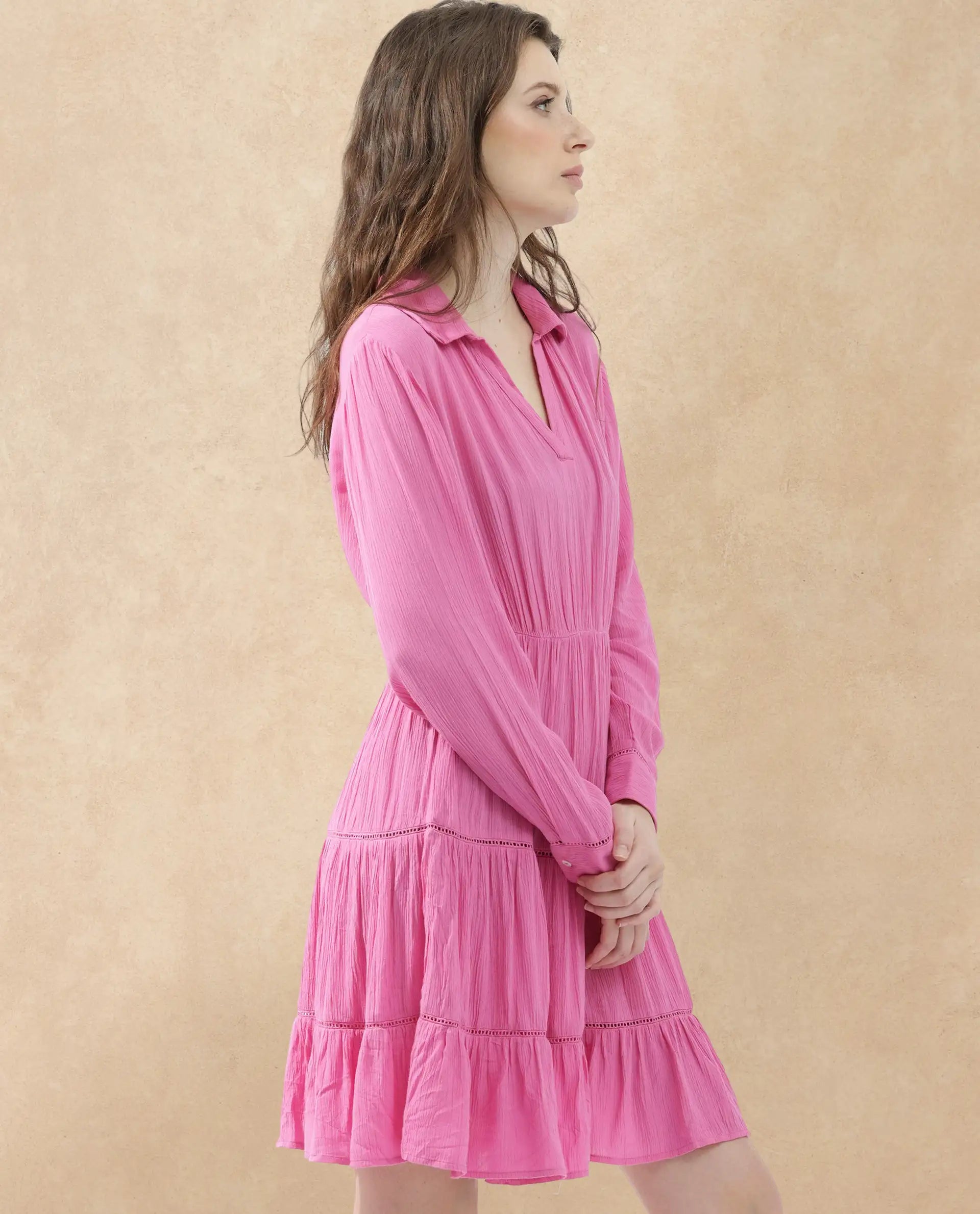 Rareism Women Magner Pink Rayon Fabric Full Sleeves Collared Neck Fit And Flare Plain Mini Dress