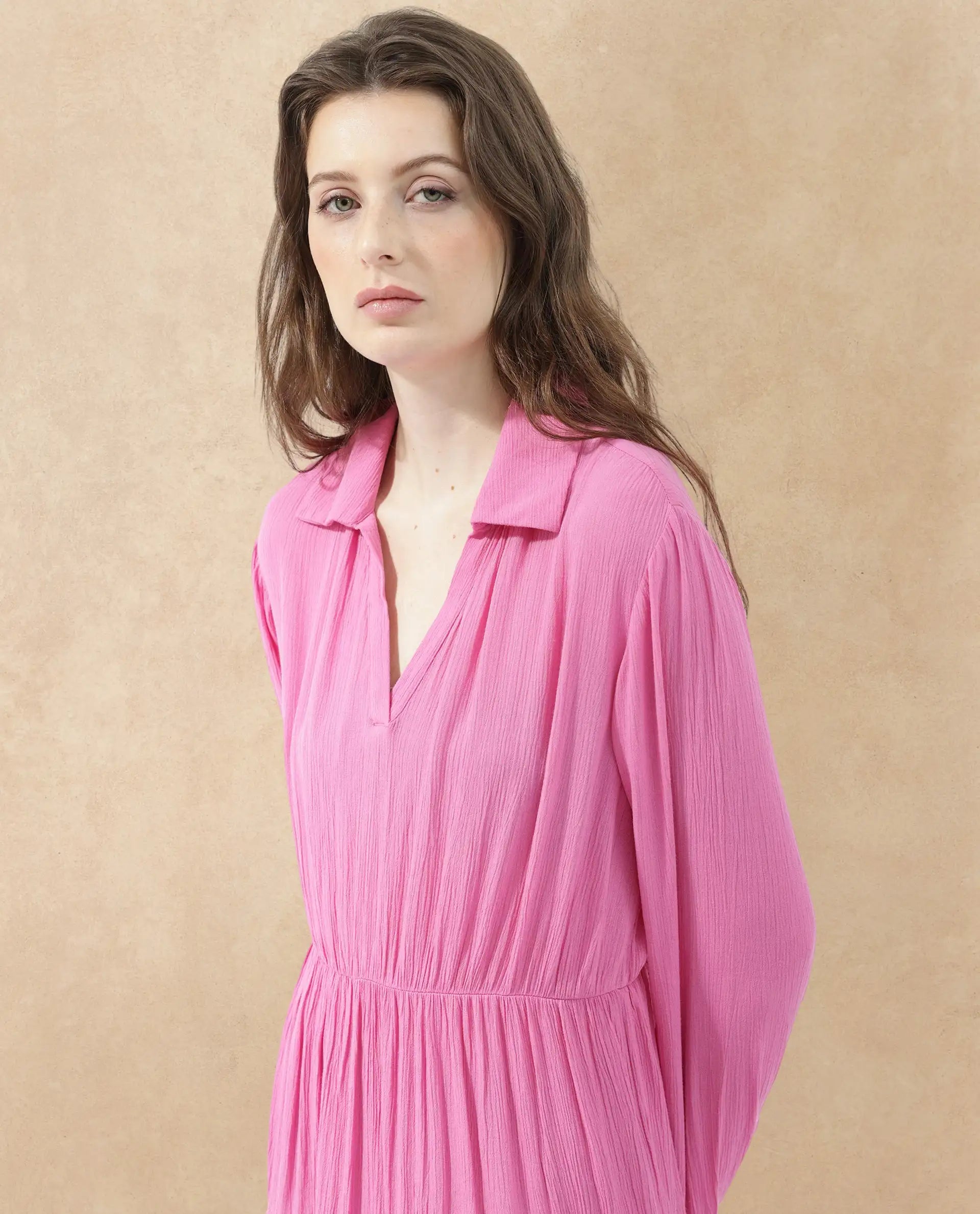 Rareism Women Magner Pink Rayon Fabric Full Sleeves Collared Neck Fit And Flare Plain Mini Dress