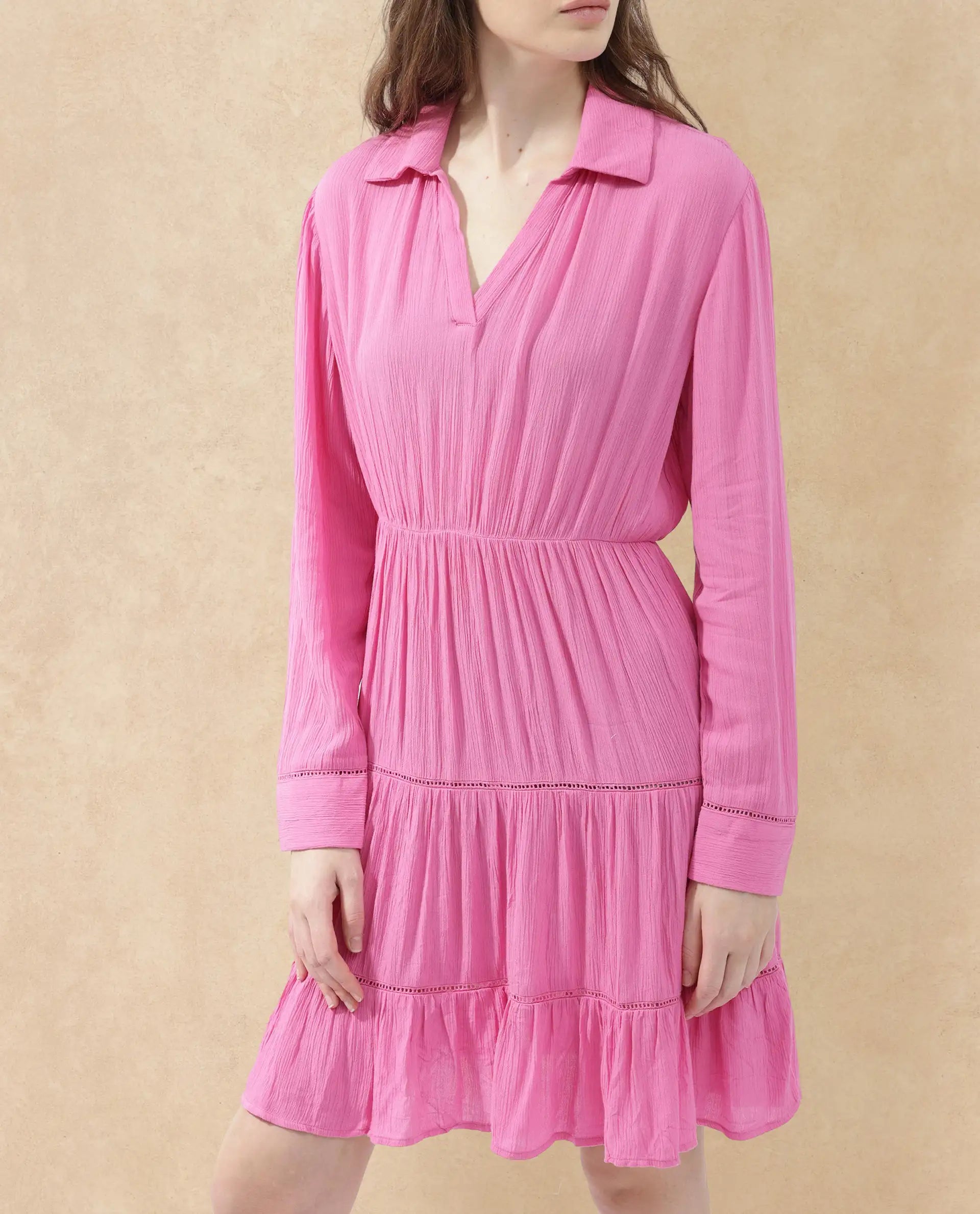 Rareism Women Magner Pink Rayon Fabric Full Sleeves Collared Neck Fit And Flare Plain Mini Dress