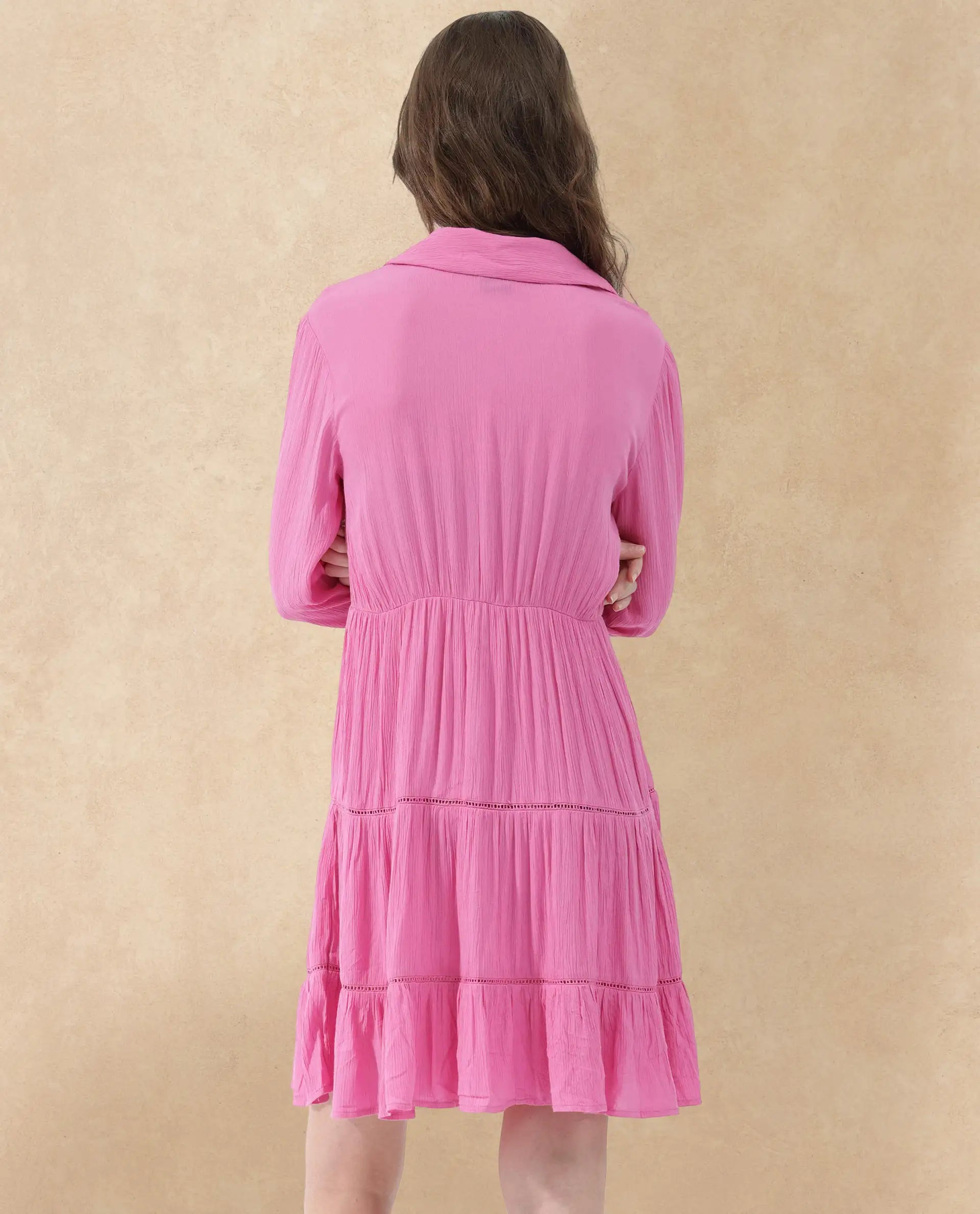 Rareism Women Magner Pink Rayon Fabric Full Sleeves Collared Neck Fit And Flare Plain Mini Dress