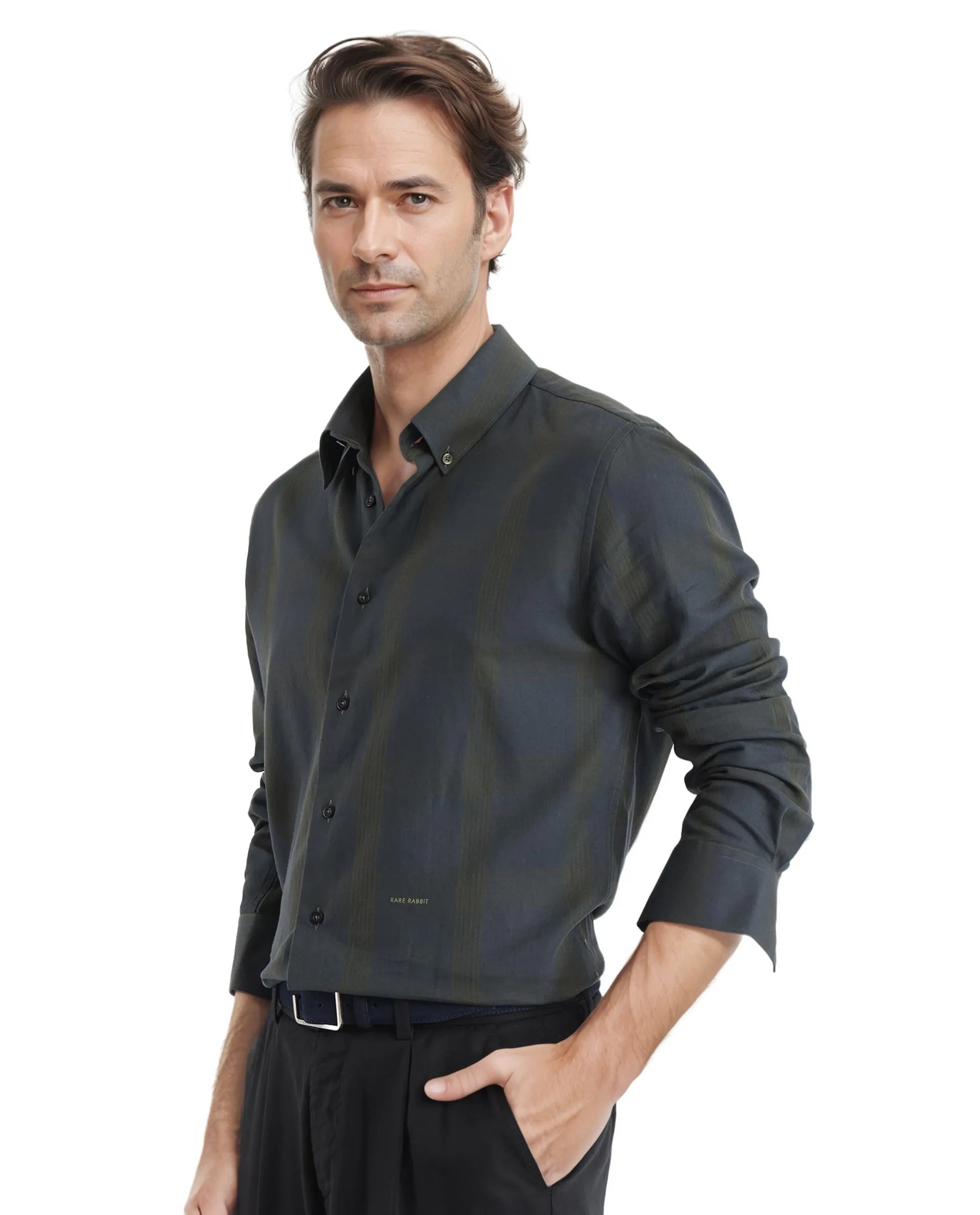 Rare Rabbit Men's Magone Dark Green Cotton Fabric Full Sleeve Collared Neck Checks Shirt