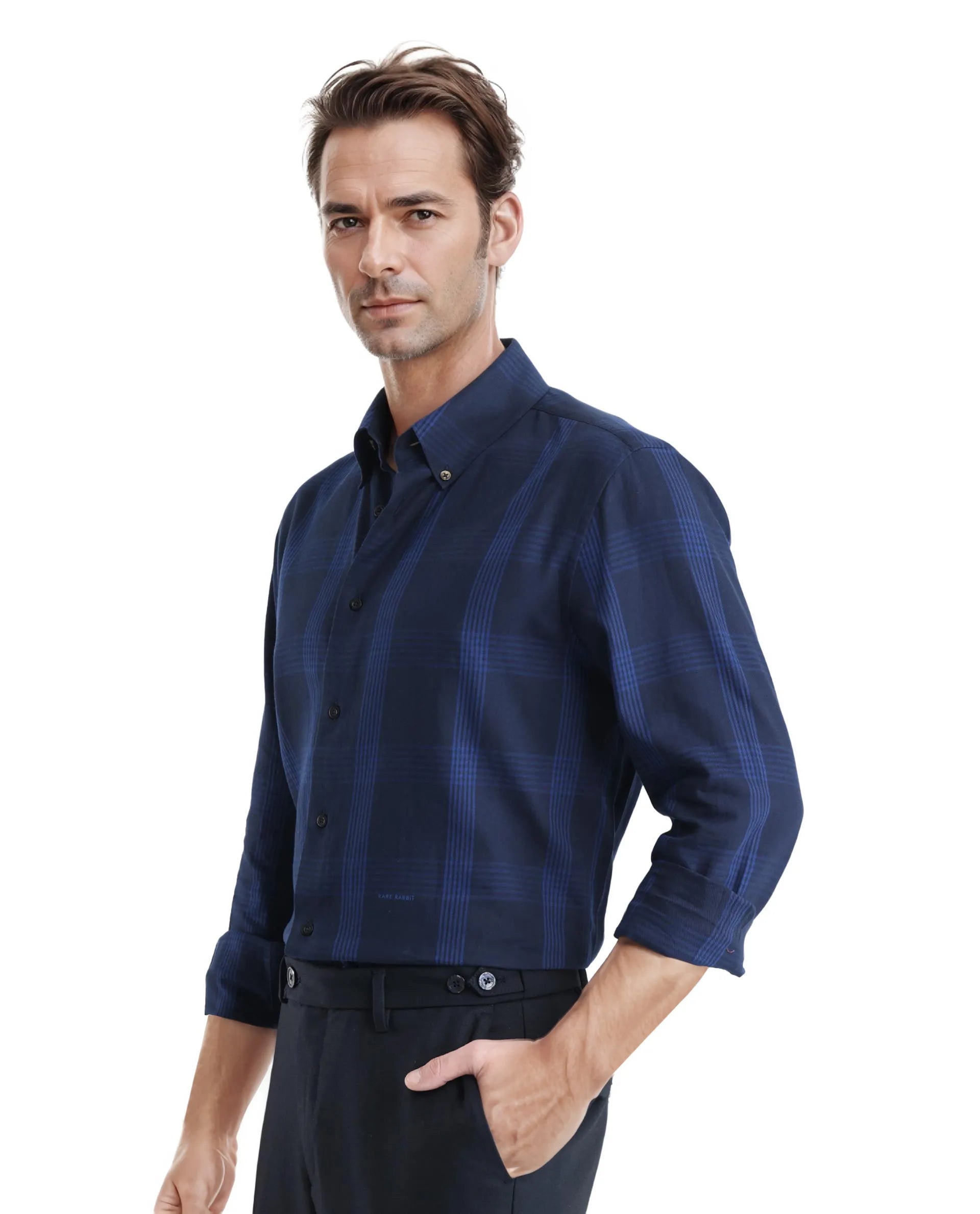 Rare Rabbit Men's Magone Navy Cotton Fabric Full Sleeve Collared Neck Checks Shirt