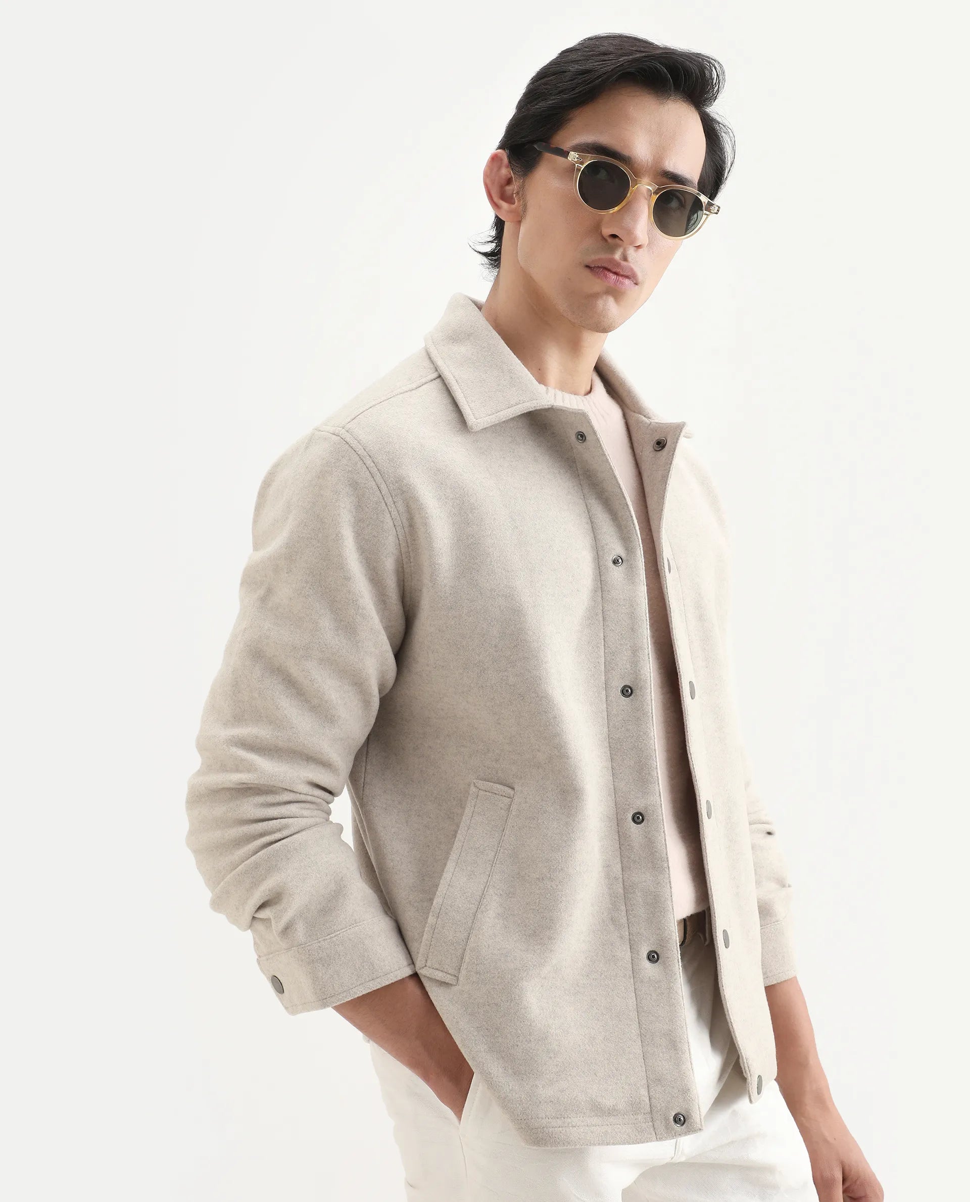 Rare Rabbit Men's Mahu Brown Polyester Fabric Spread Collar Regular Fit Plain Jacket