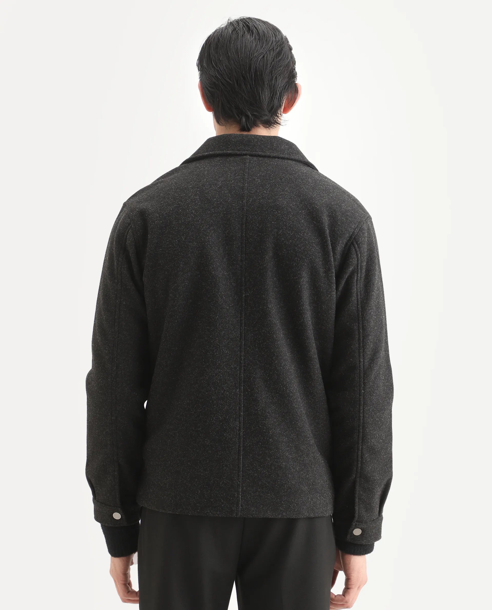 Rare Rabbit Men's Mahu Charcoal Polyester Fabric Spread Collar Regular Fit Plain Jacket