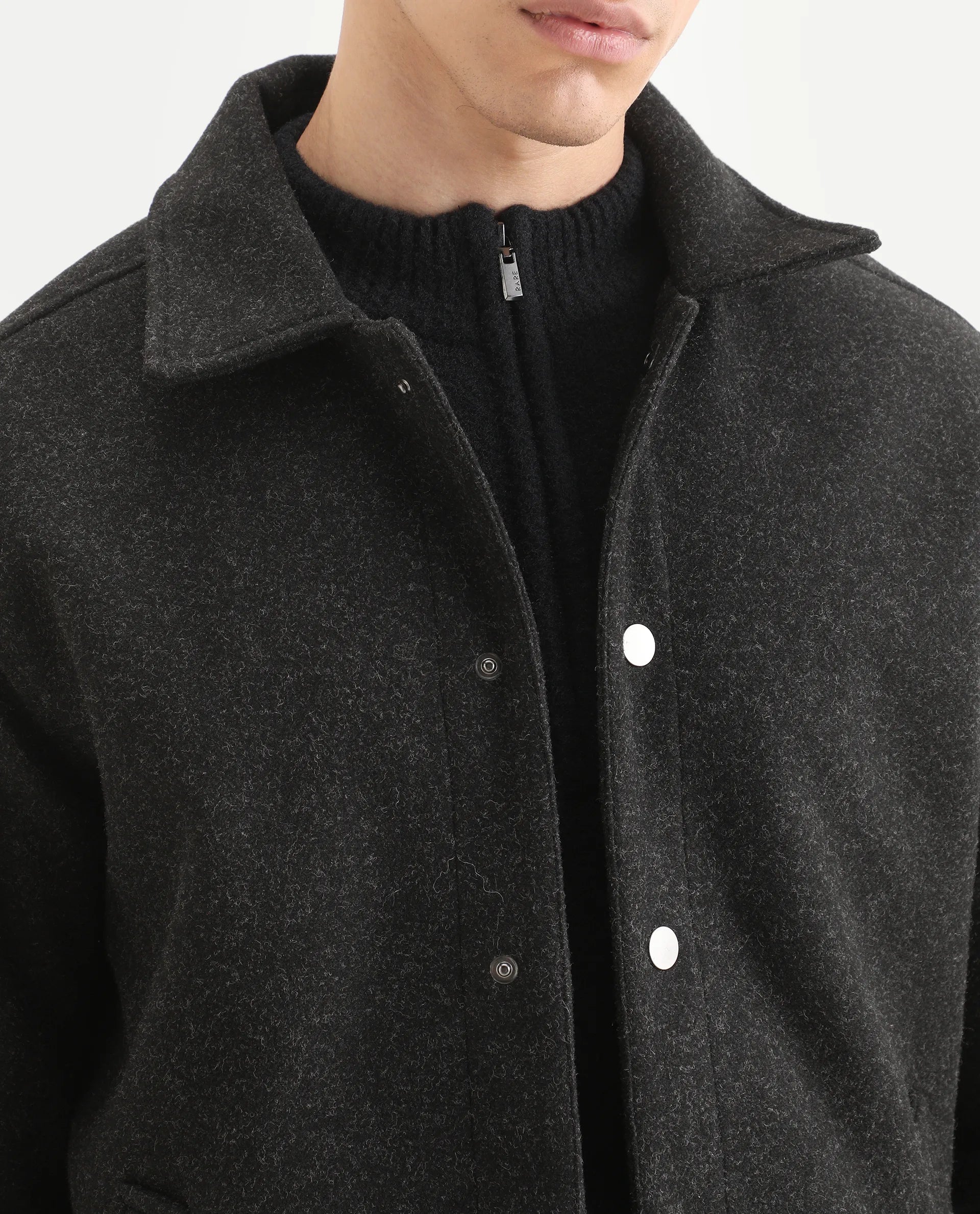 Rare Rabbit Men's Mahu Charcoal Polyester Fabric Spread Collar Regular Fit Plain Jacket