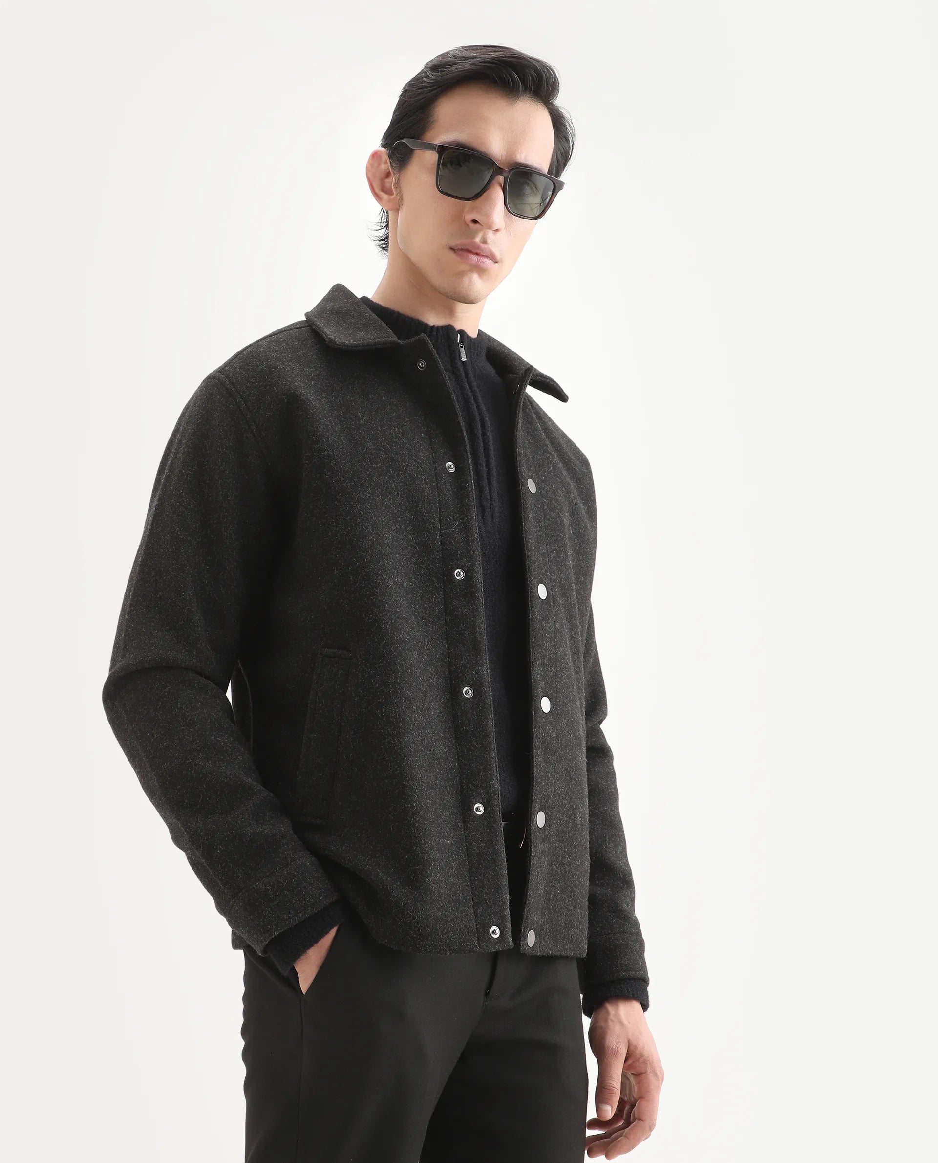 Rare Rabbit Men's Mahu Charcoal Polyester Fabric Spread Collar Regular Fit Plain Jacket