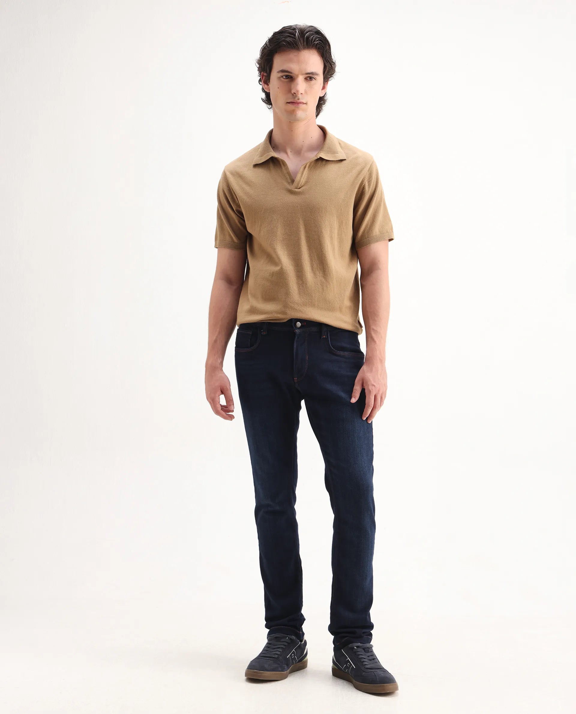 Rare Rabbit Men's Maiden Dark Blue Cotton Blend Plain Hawk Slim Fit Jeans