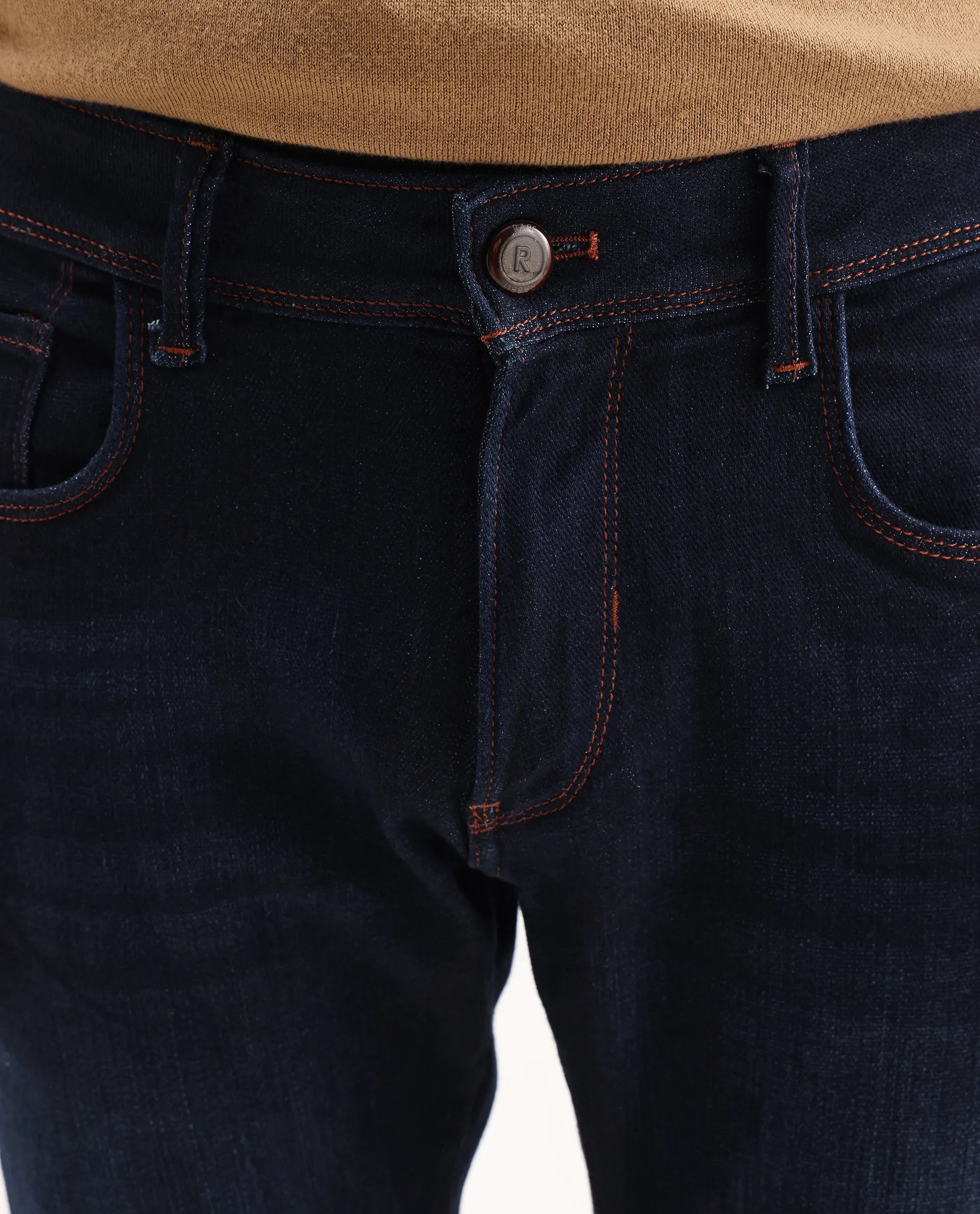 Rare Rabbit Men's Maiden Dark Blue Cotton Blend Plain Hawk Slim Fit Jeans