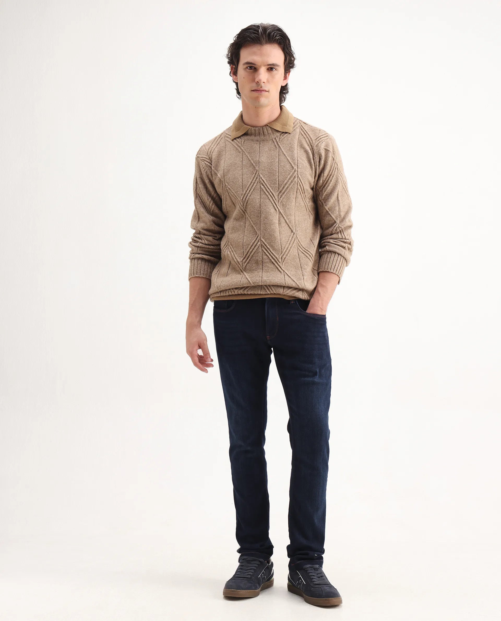 Rare Rabbit Men's Maiden Dark Blue Cotton Blend Plain Hawk Slim Fit Jeans