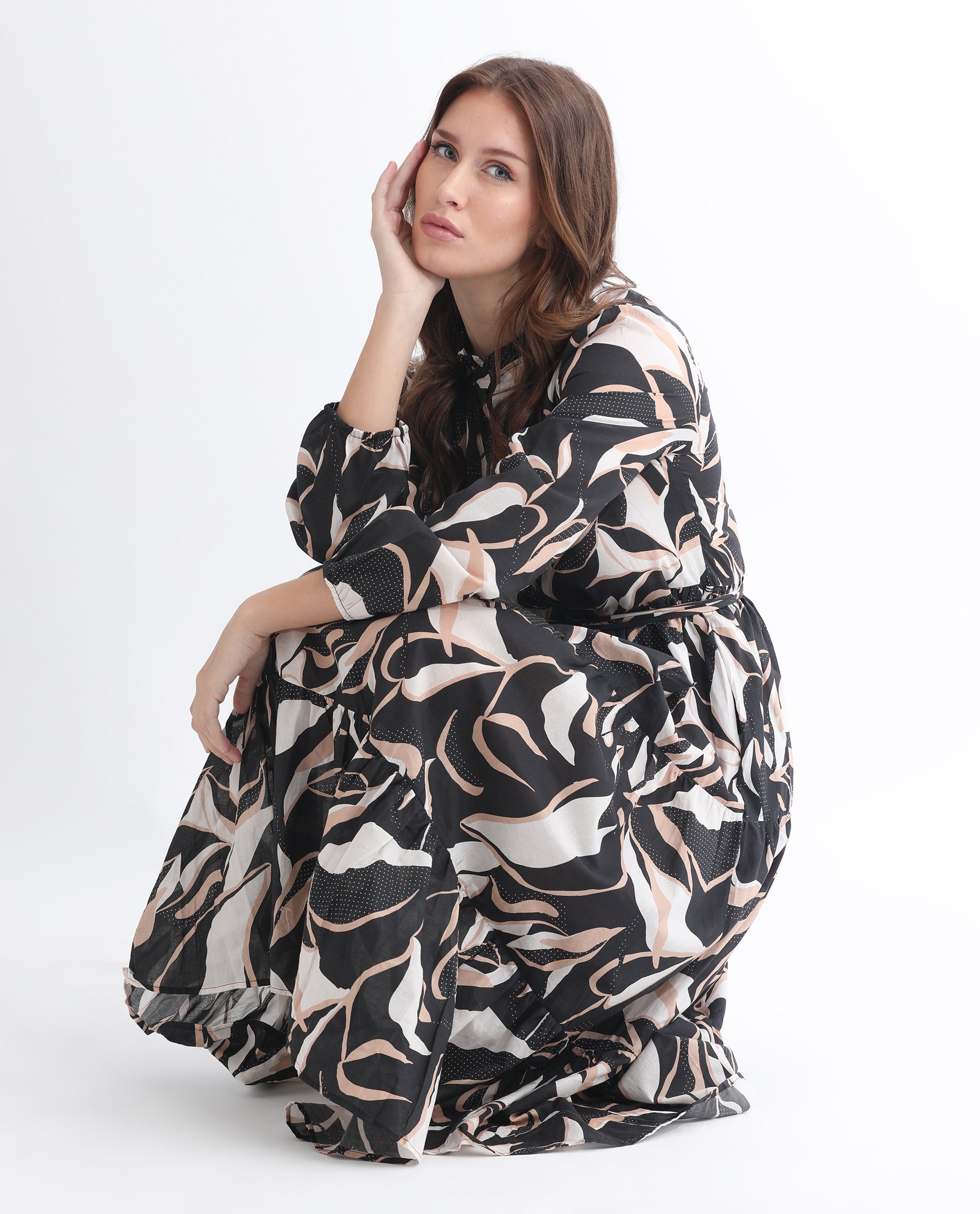 Rareism Women Zigzora Black Cotton Fabric Full Sleeves Ruffled Neck Regular Fit Abstract Print Knee Length A-Line Dress