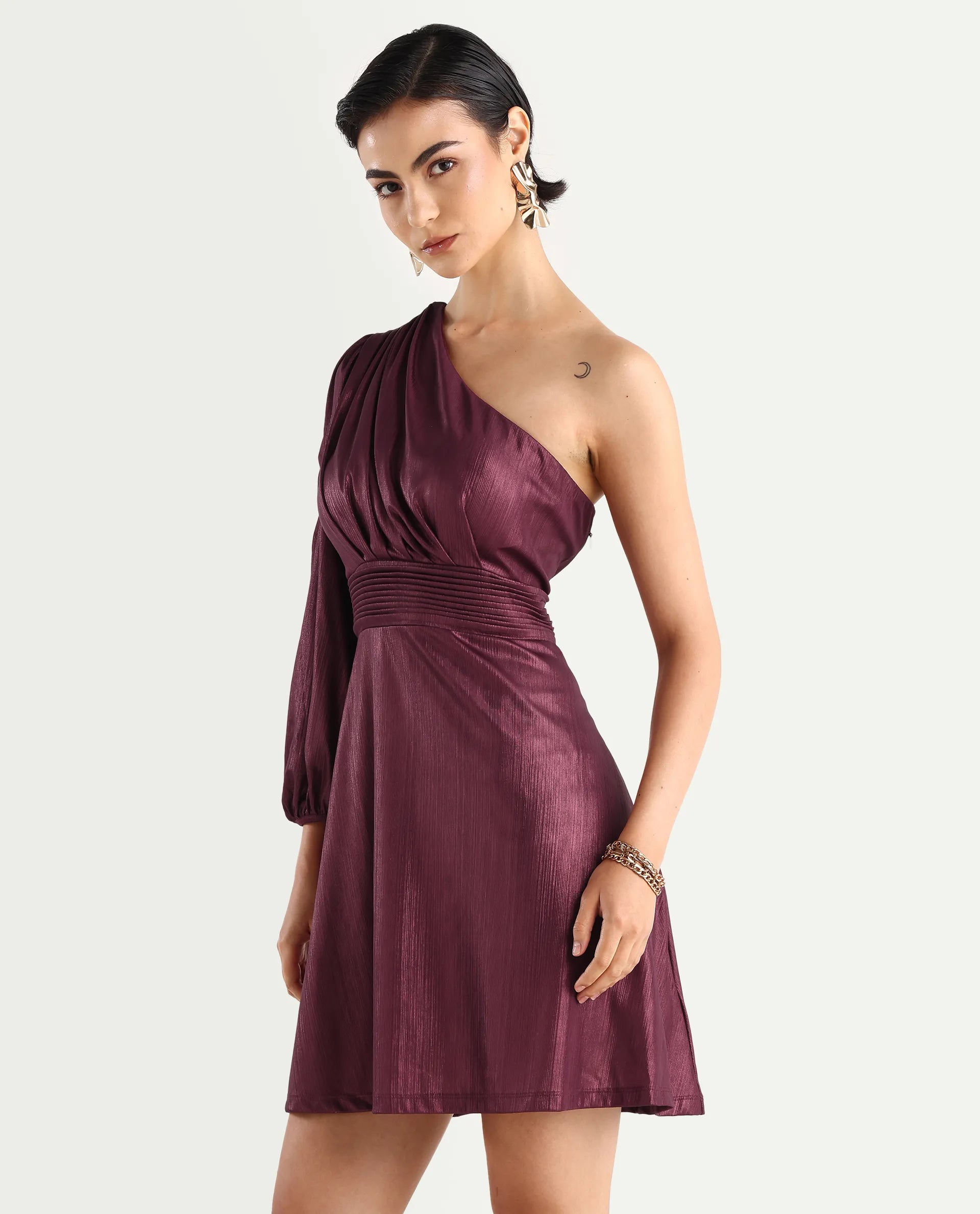 Rareism Women's Maimi Metallic Red Polyester Plain Regular Fit Dress