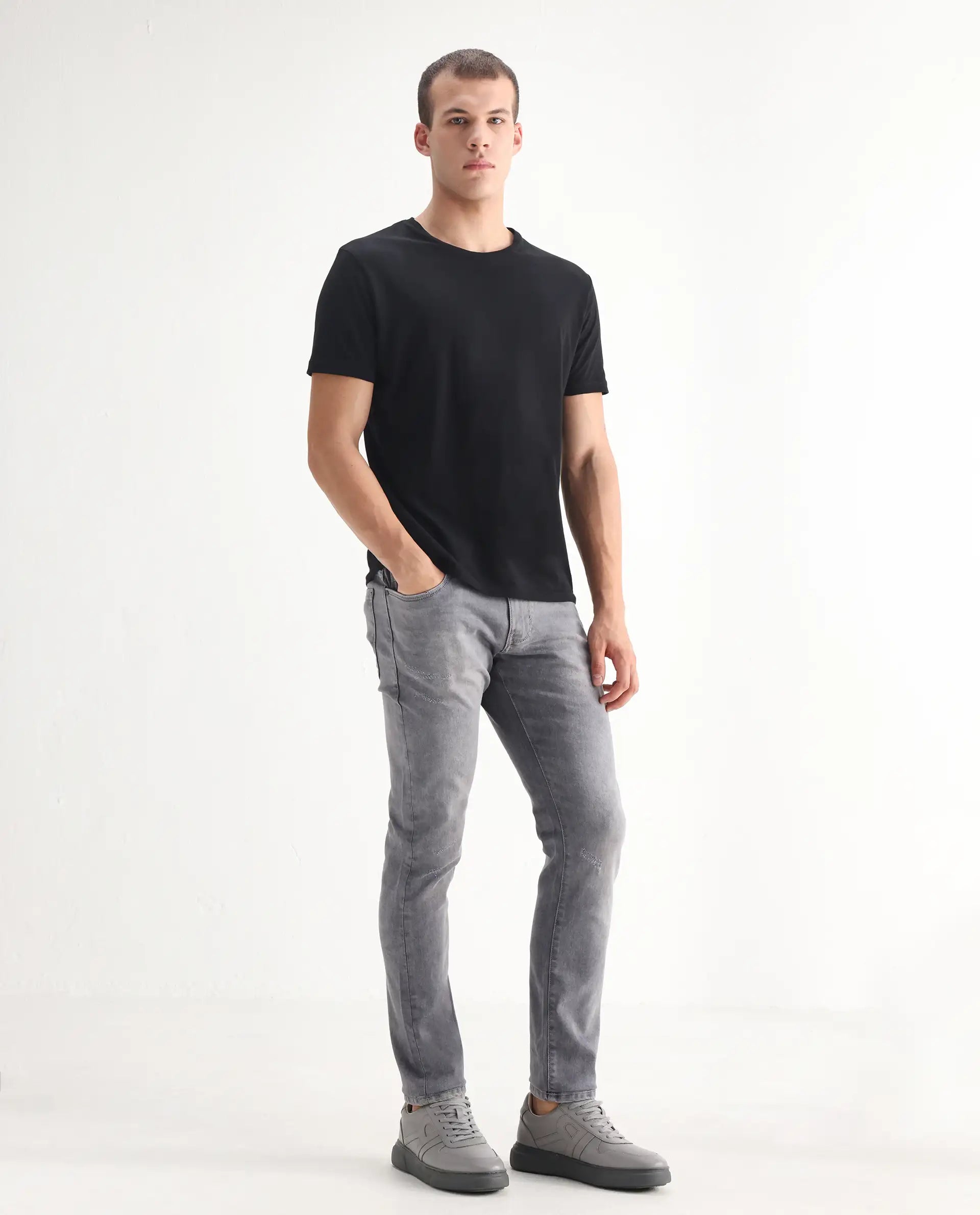 Rare Rabbit Men's Mainz Light Grey Cotton Blend Plain Hawk Slim Fit Jeans