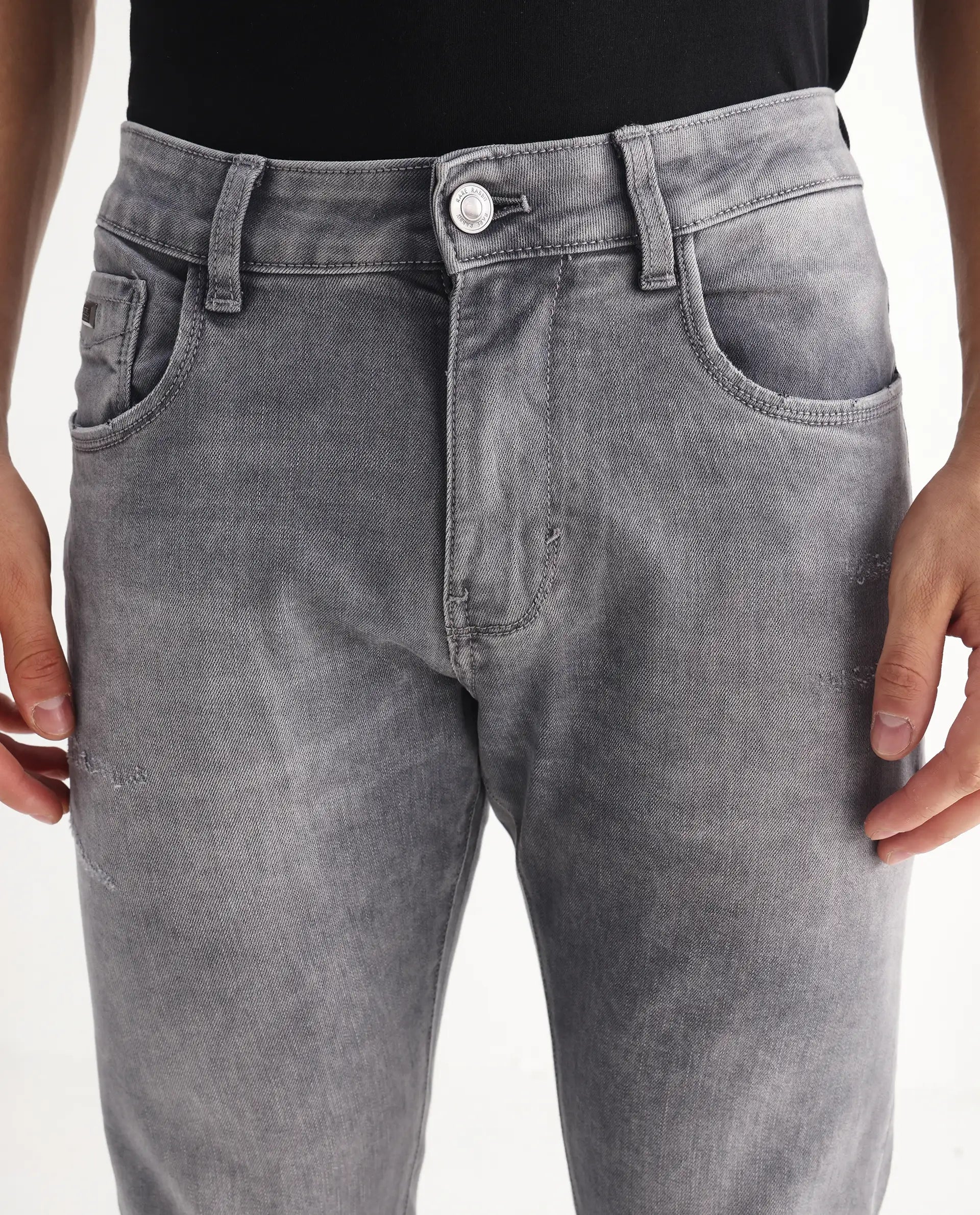 Rare Rabbit Men's Mainz Light Grey Cotton Blend Plain Hawk Slim Fit Jeans