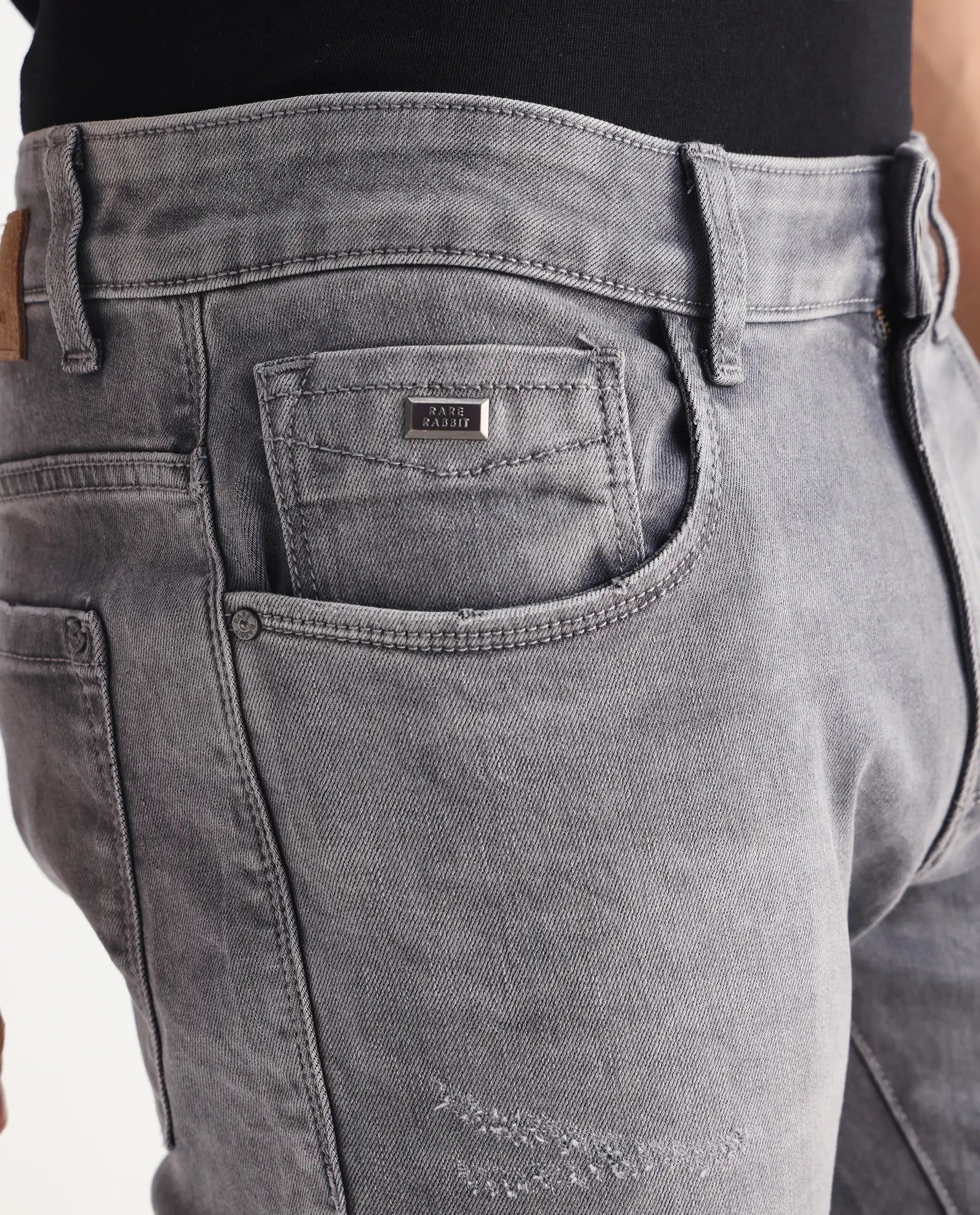 Rare Rabbit Men's Mainz Light Grey Cotton Blend Plain Hawk Slim Fit Jeans