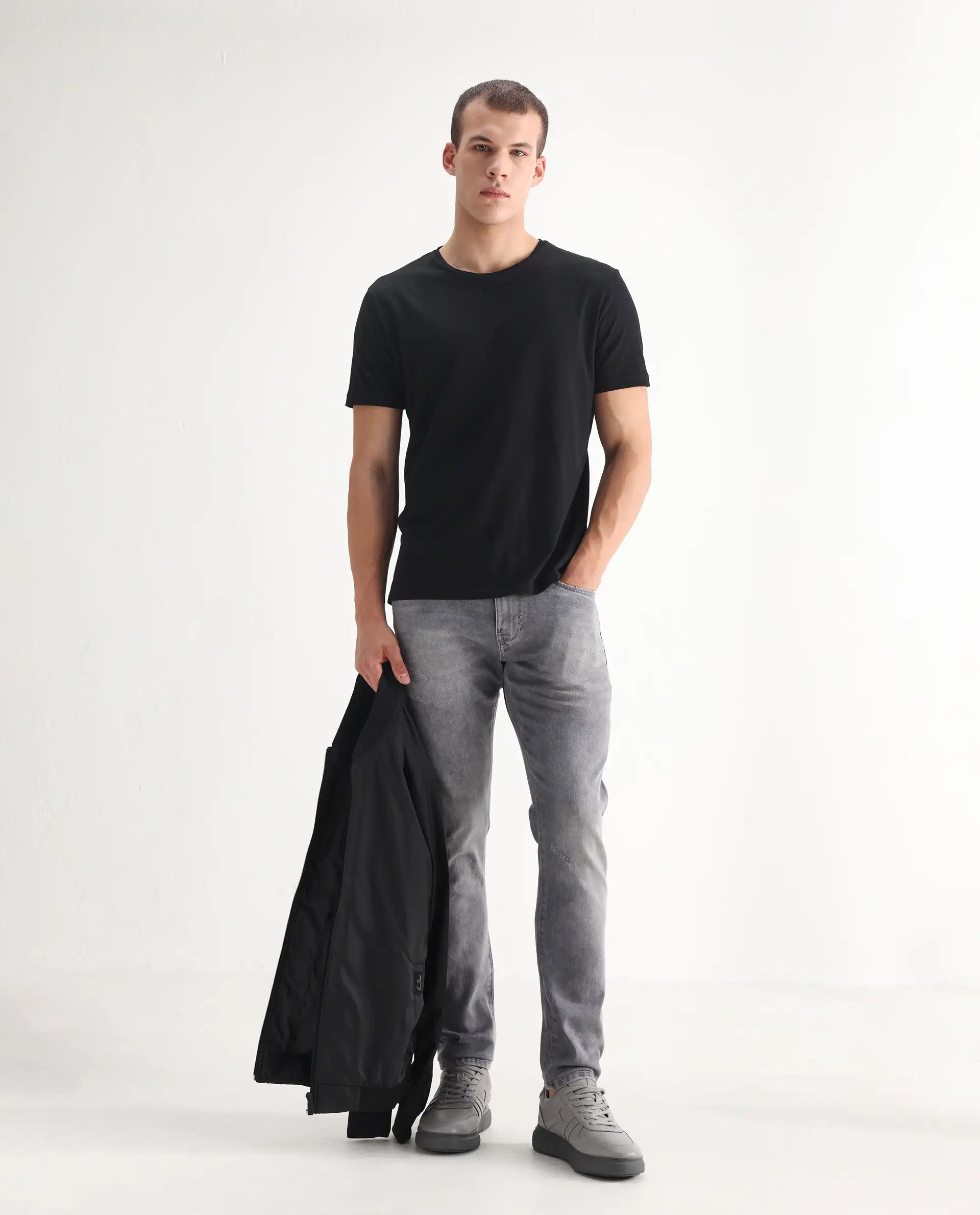 Rare Rabbit Men's Mainz Light Grey Cotton Blend Plain Hawk Slim Fit Jeans