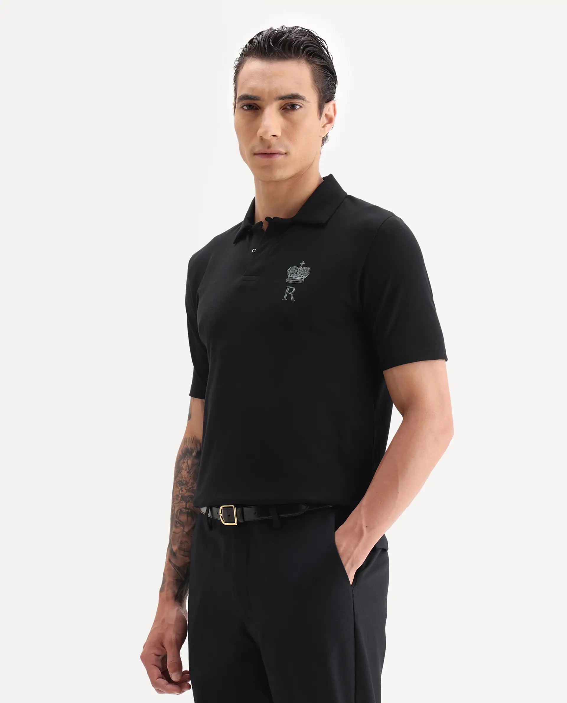 Rare Rabbit Men's Mais Black Cotton Blend Plain Regular Fit Half Sleeve Polo