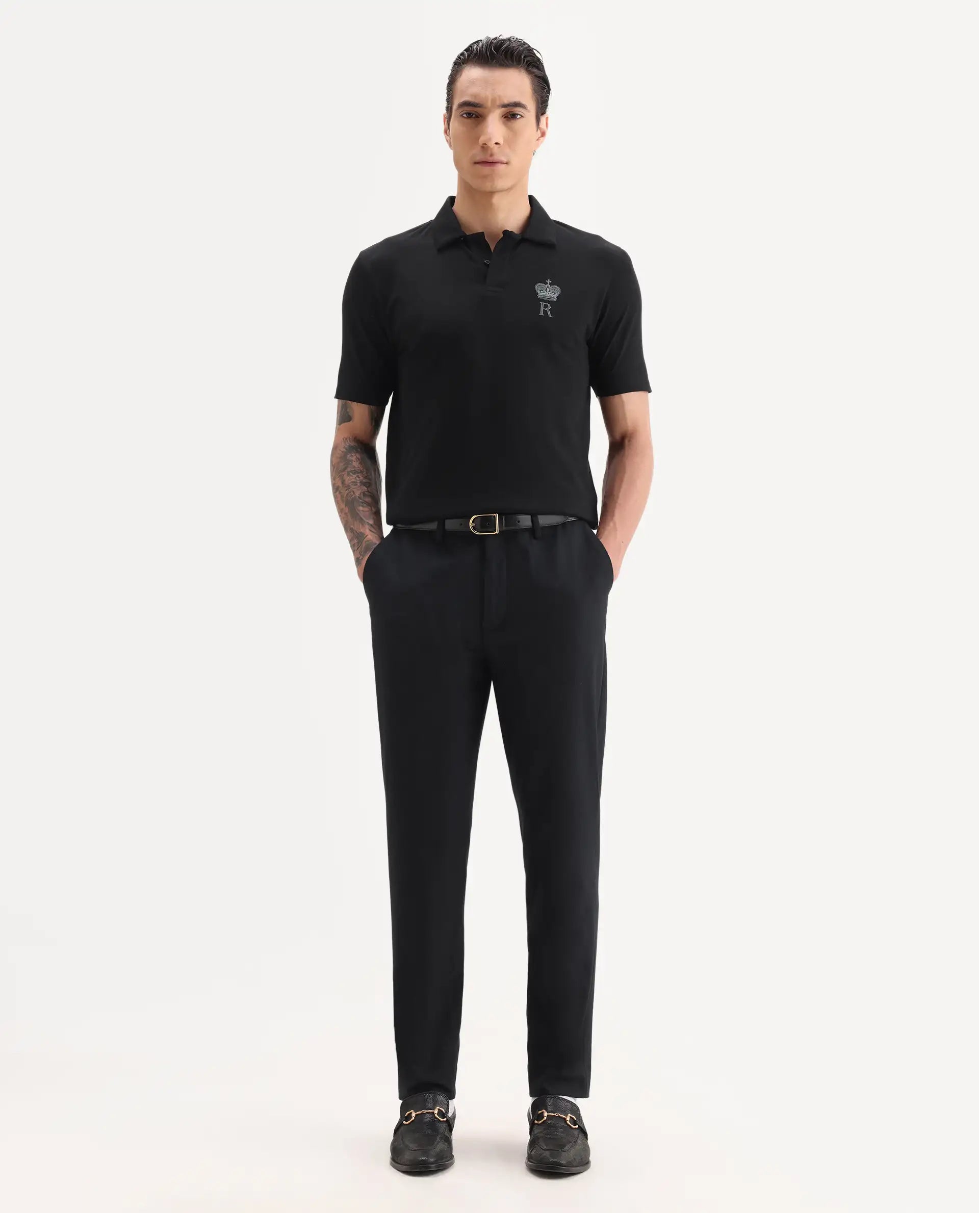 Rare Rabbit Men's Mais Black Cotton Blend Plain Regular Fit Half Sleeve Polo