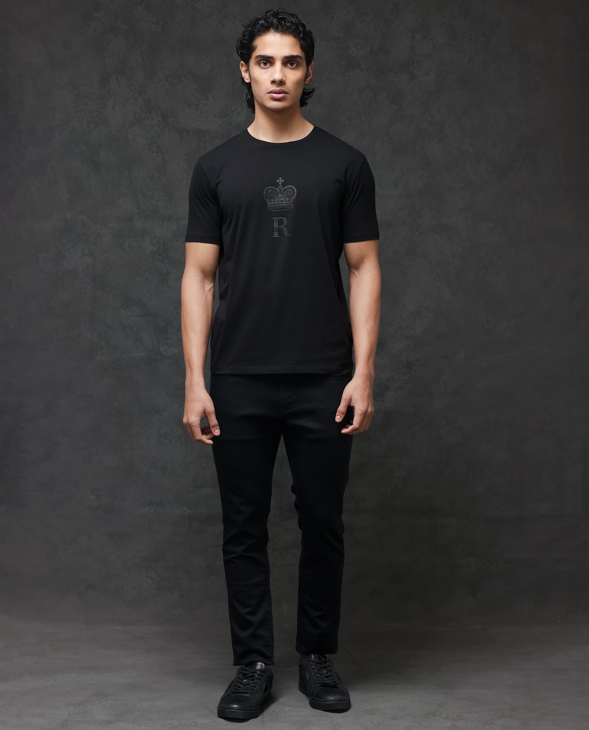 Rare Rabbit Men's Maisel Black Cotton Lycra Fabric Half Sleeves Graphic Print T-Shirt