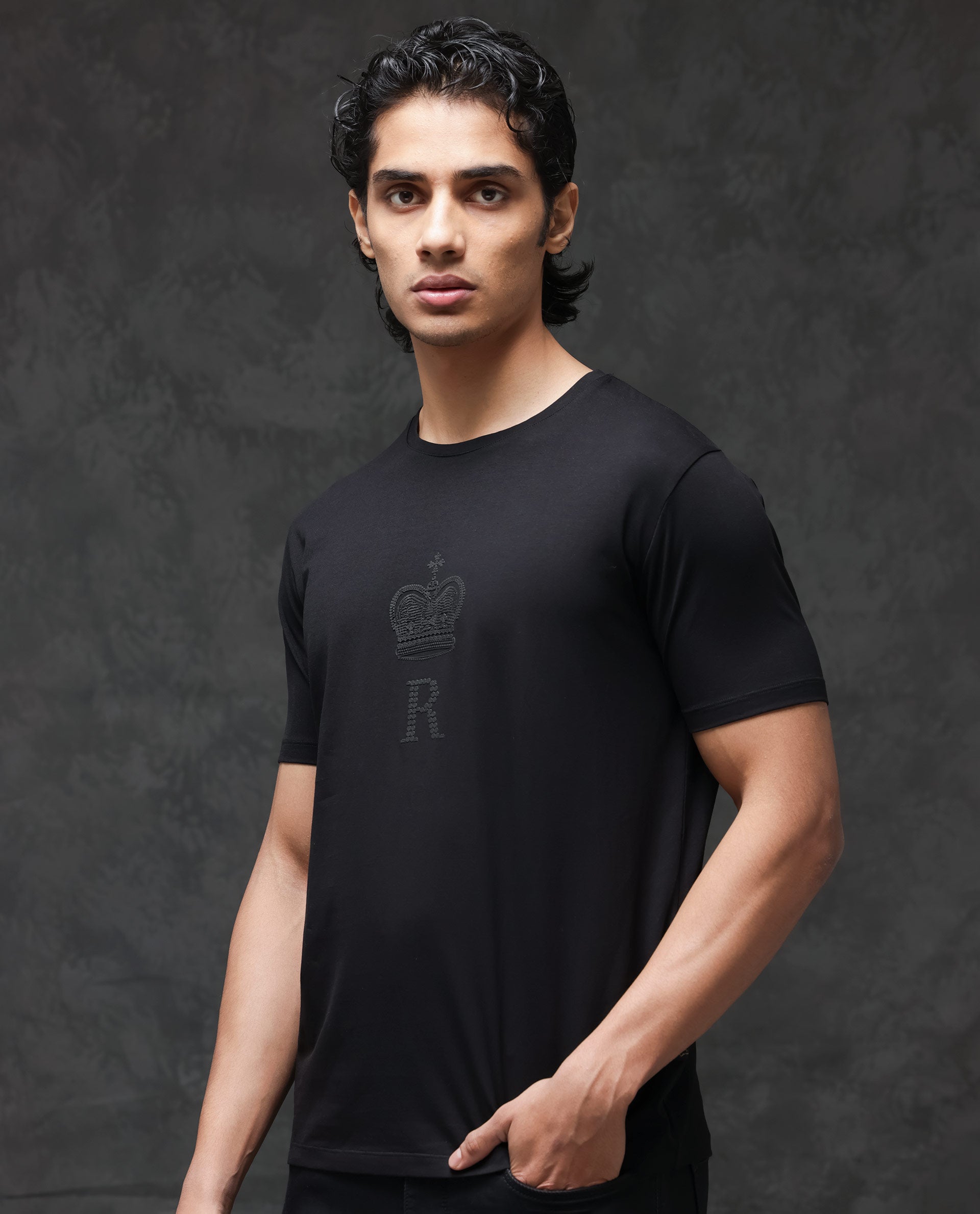 Rare Rabbit Men's Maisel Black Cotton Lycra Fabric Half Sleeves Graphic Print T-Shirt