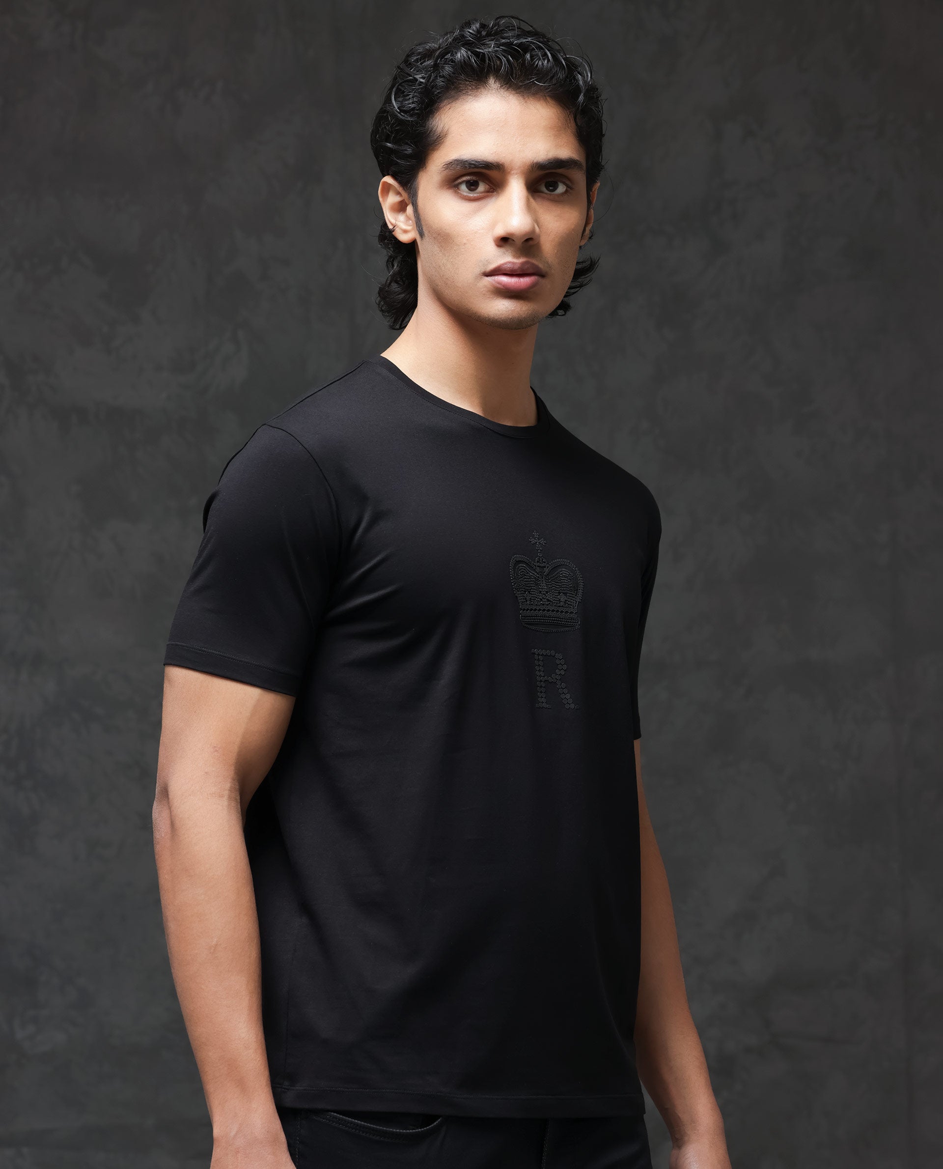 Rare Rabbit Men's Maisel Black Cotton Lycra Fabric Half Sleeves Graphic Print T-Shirt