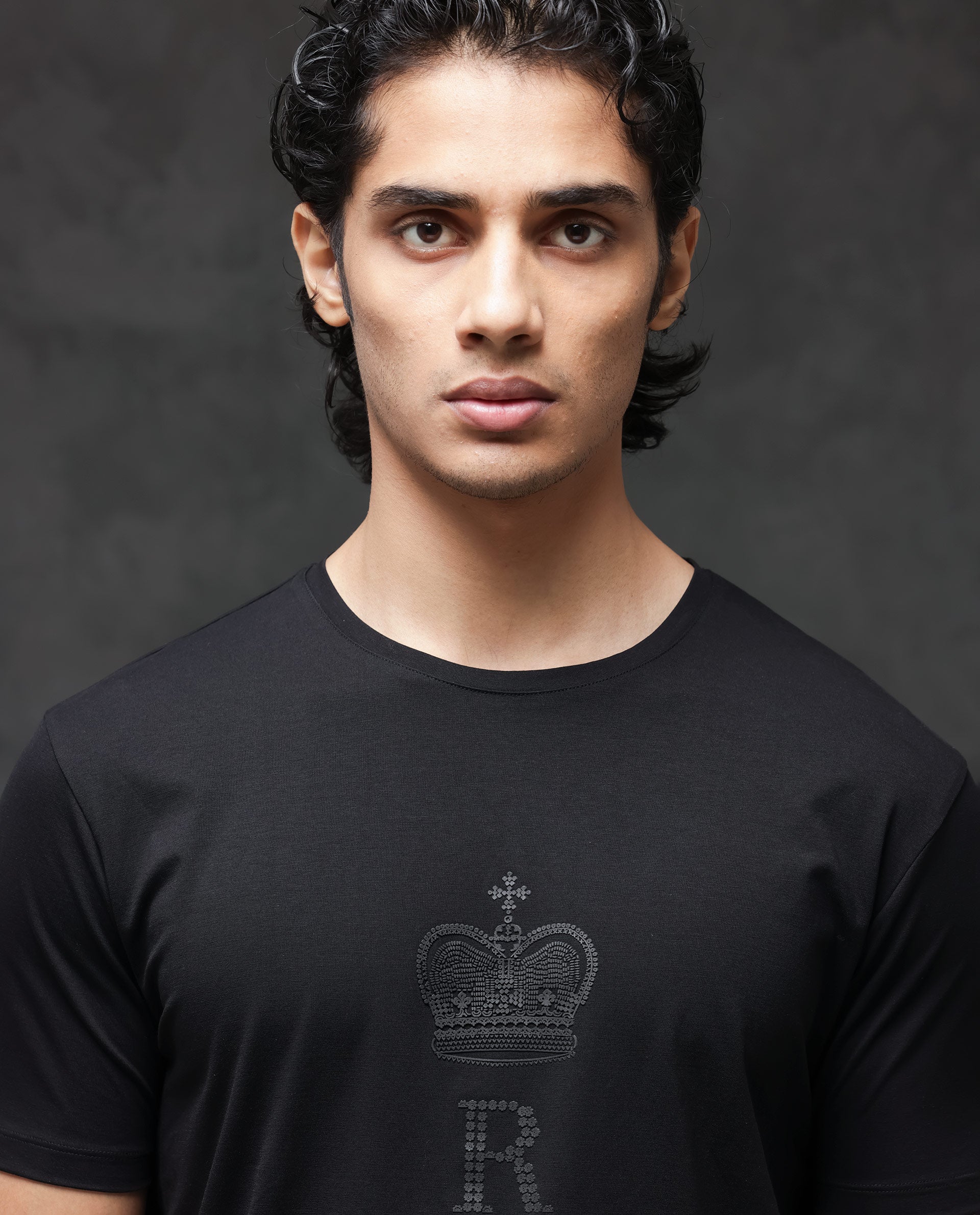 Rare Rabbit Men's Maisel Black Cotton Lycra Fabric Half Sleeves Graphic Print T-Shirt