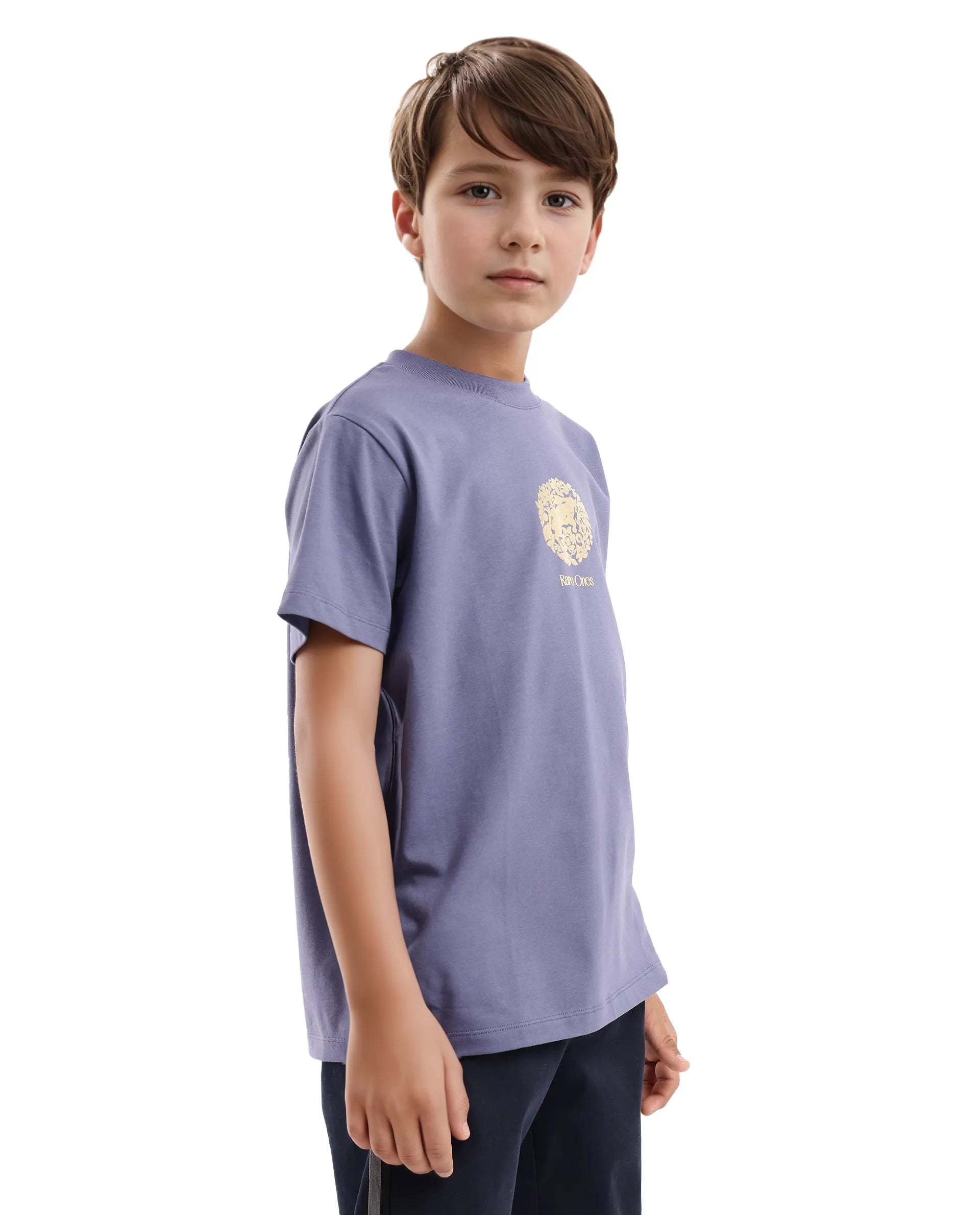Rare Ones Kids Makes Purple Cotton Half Sleeves Crew Neck Embroidered T-Shirt