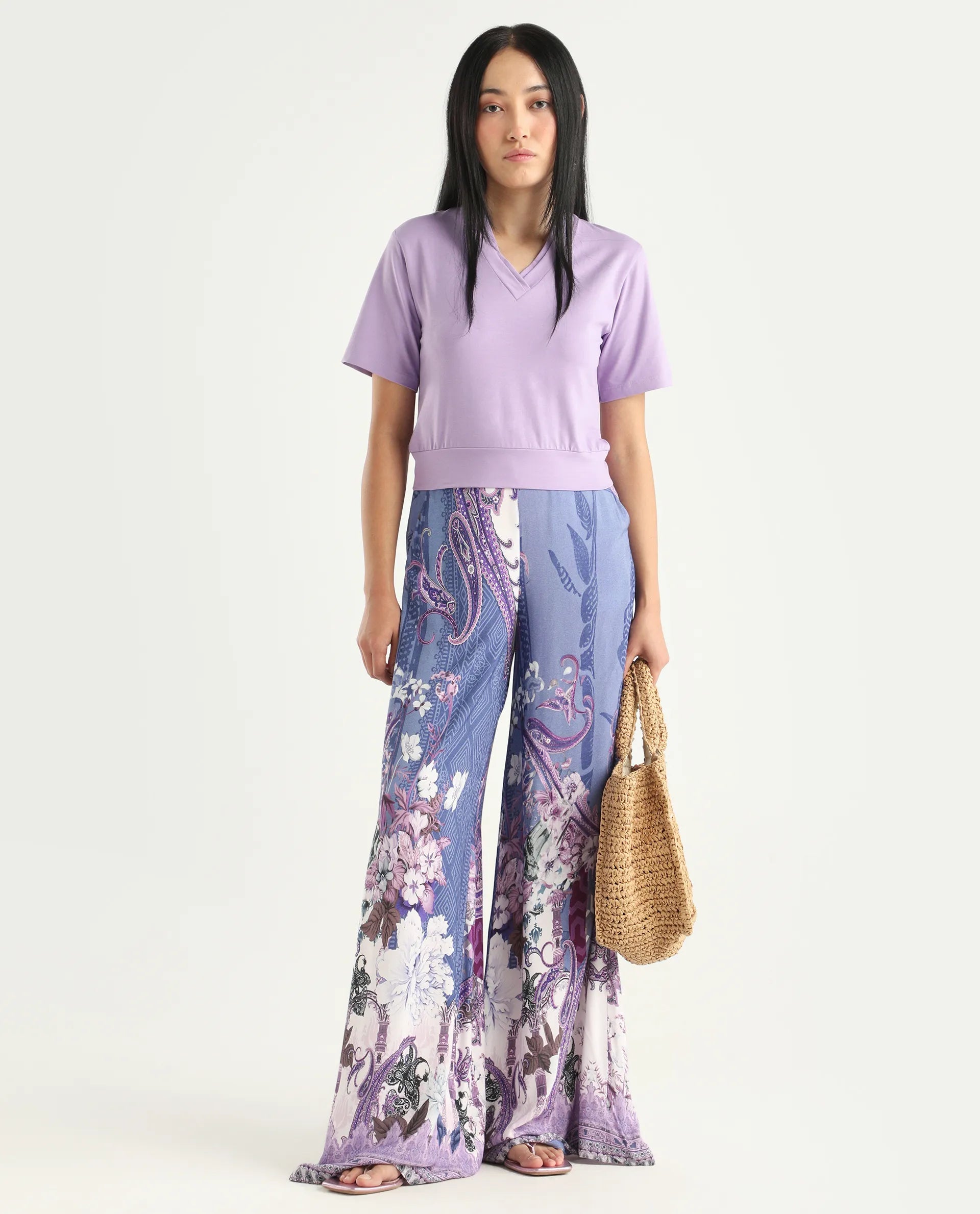 Rareism Women's Makiato Dusky Purple Viscose Blend Floral Print Ankle Length Flared Trouser