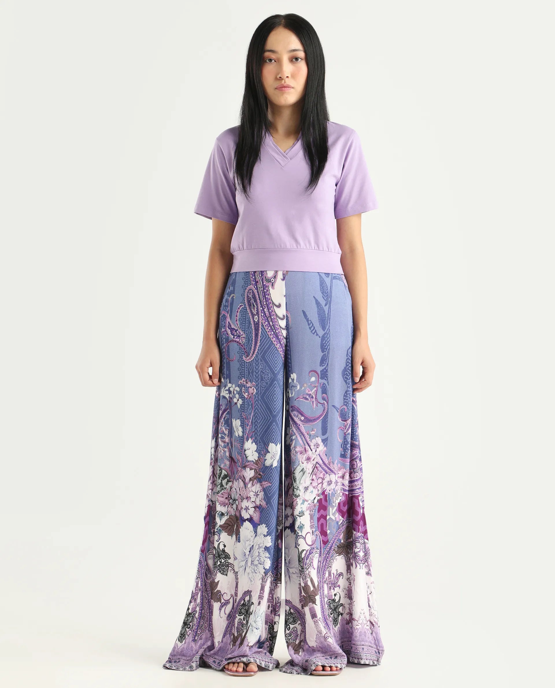 Rareism Women's Makiato Dusky Purple Viscose Blend Floral Print Ankle Length Flared Trouser