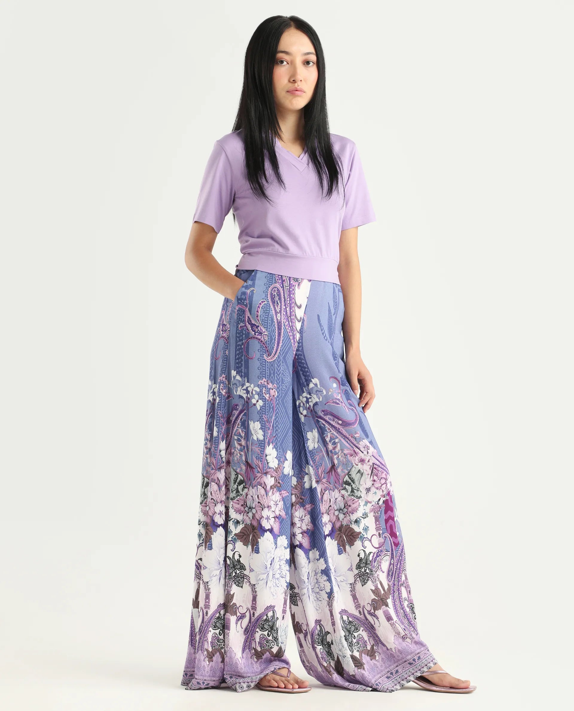 Rareism Women's Makiato Dusky Purple Viscose Blend Floral Print Ankle Length Flared Trouser