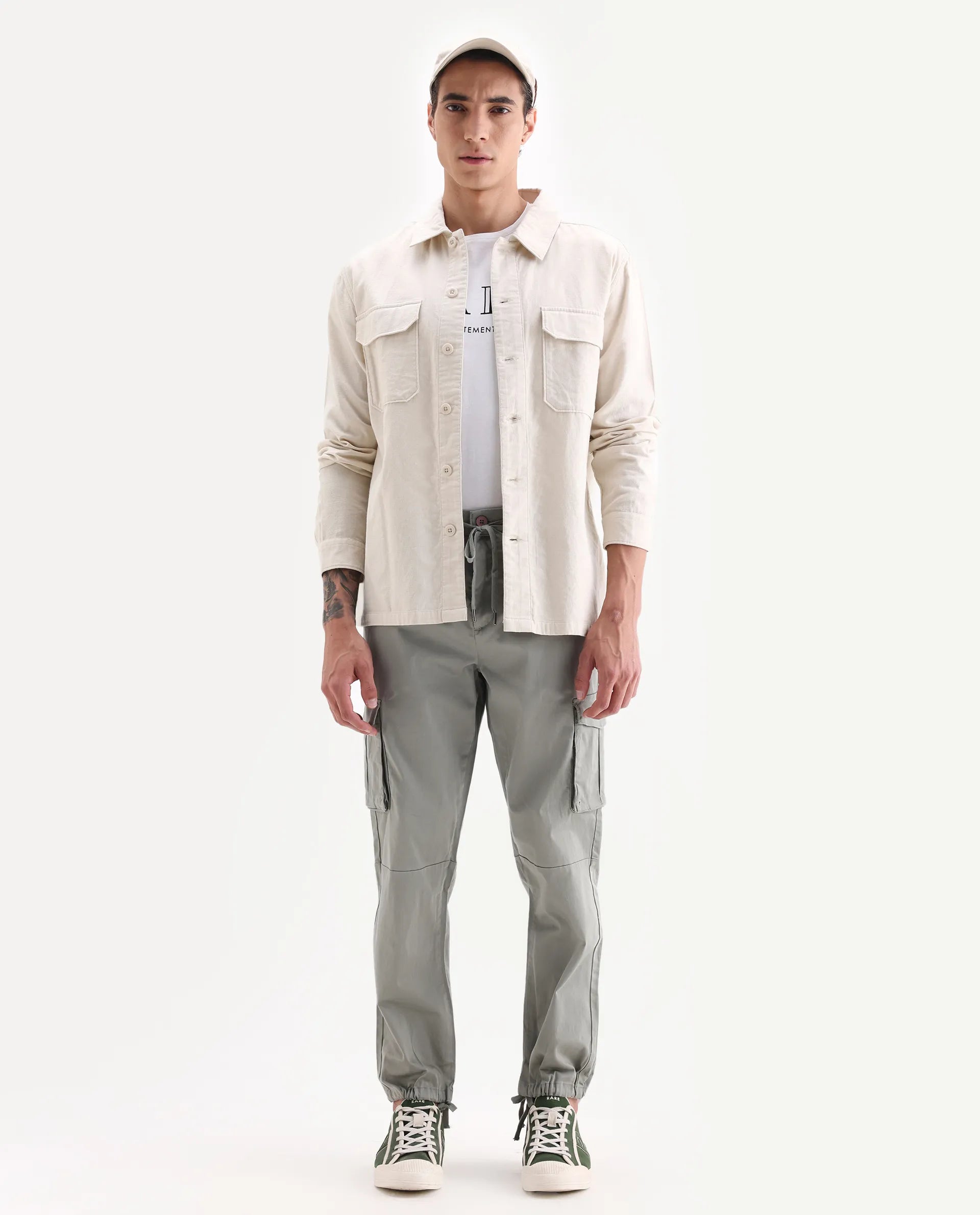 Rare Rabbit Men's Maks Dusky Olive Cotton Plain Regular Fit Trouser