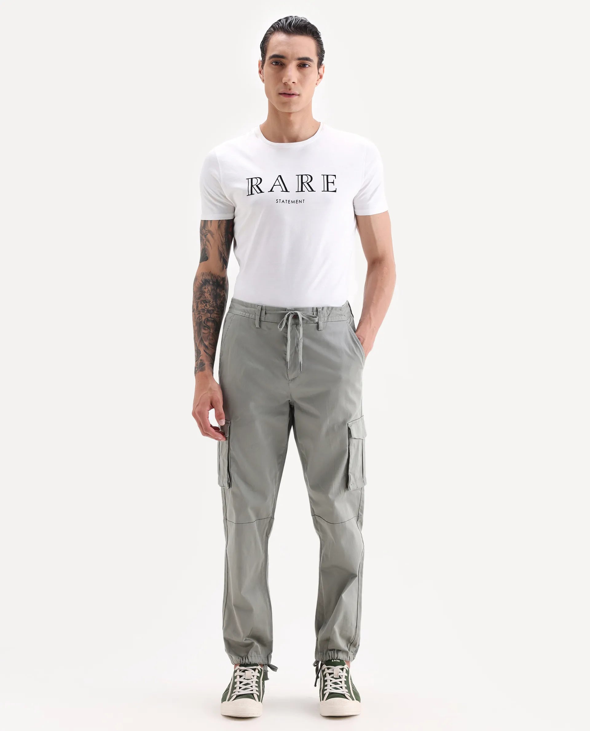 Rare Rabbit Men's Maks Dusky Olive Cotton Plain Regular Fit Trouser