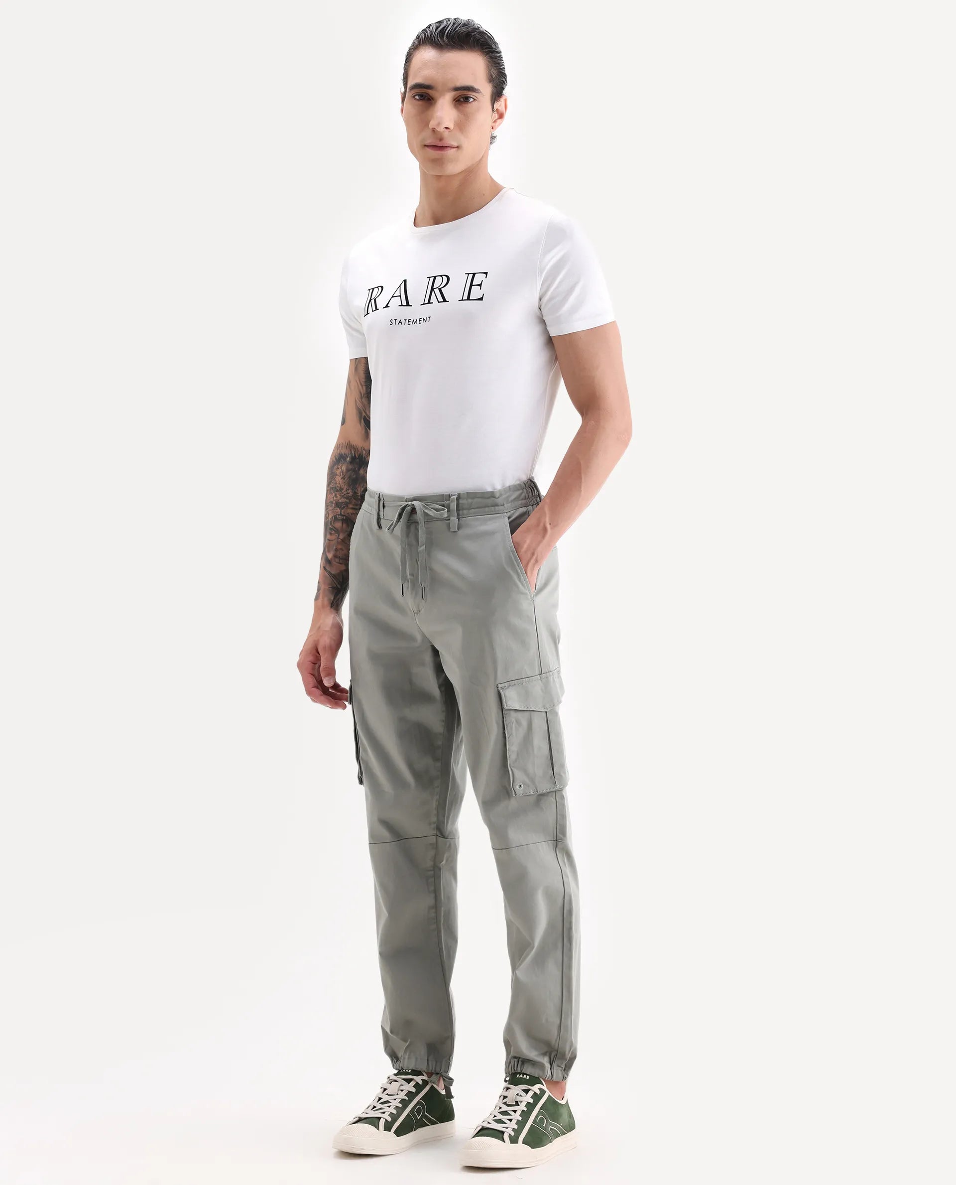 Rare Rabbit Men's Maks Dusky Olive Cotton Plain Regular Fit Trouser