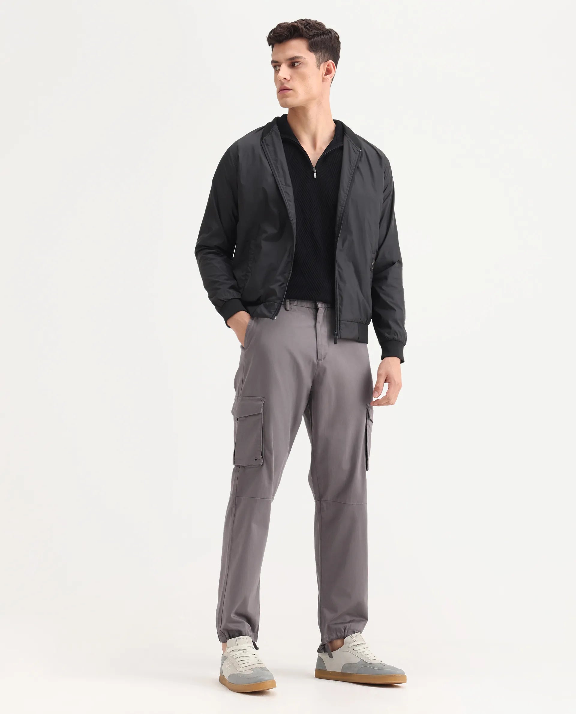 Rare Rabbit Men's Maks Dark Grey Cotton Plain Regular Fit Trouser