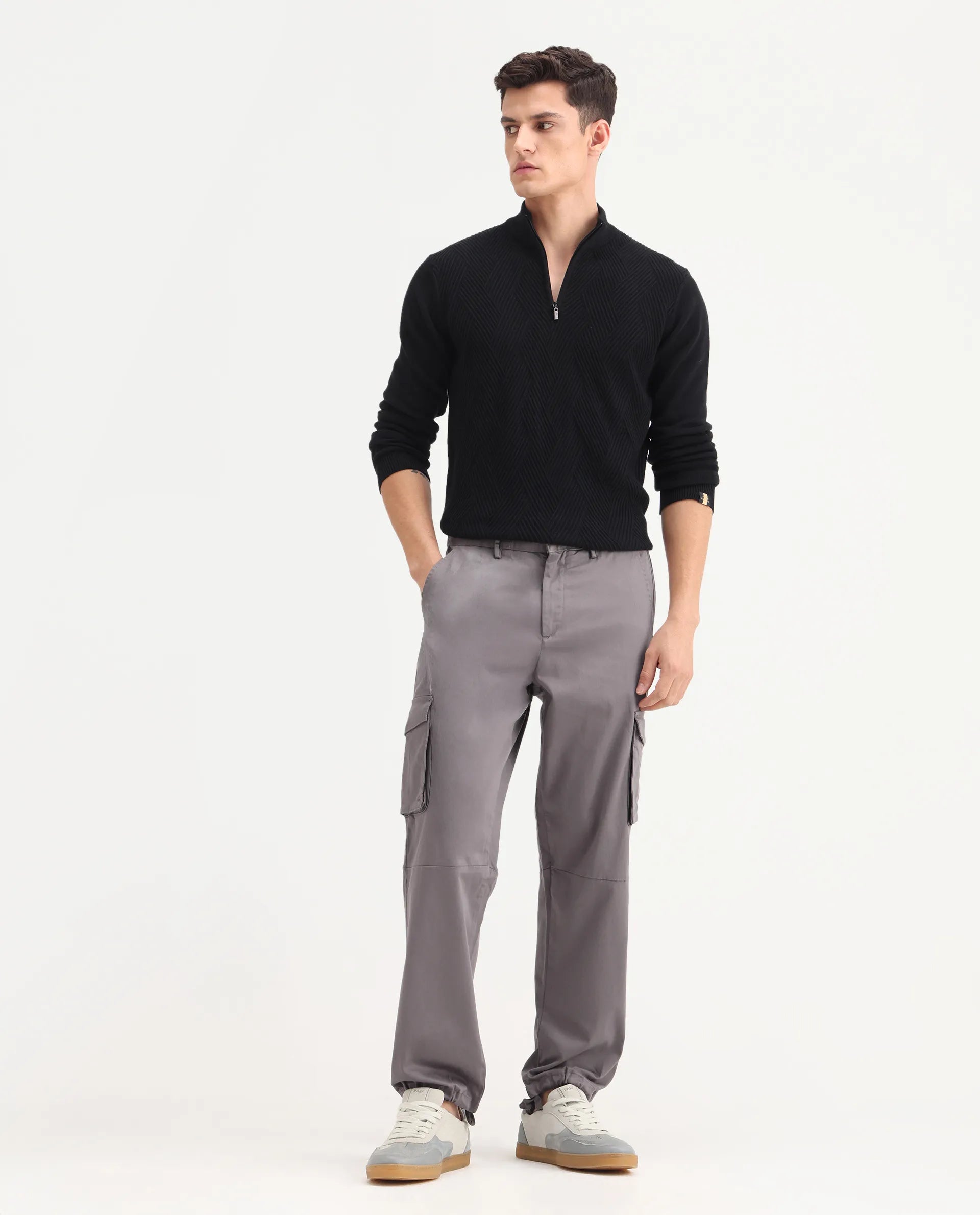 Rare Rabbit Men's Maks Dark Grey Cotton Plain Regular Fit Trouser