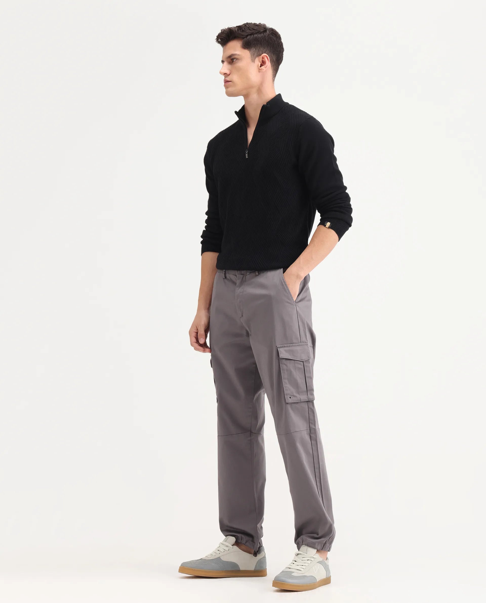 Rare Rabbit Men's Maks Dark Grey Cotton Plain Regular Fit Trouser