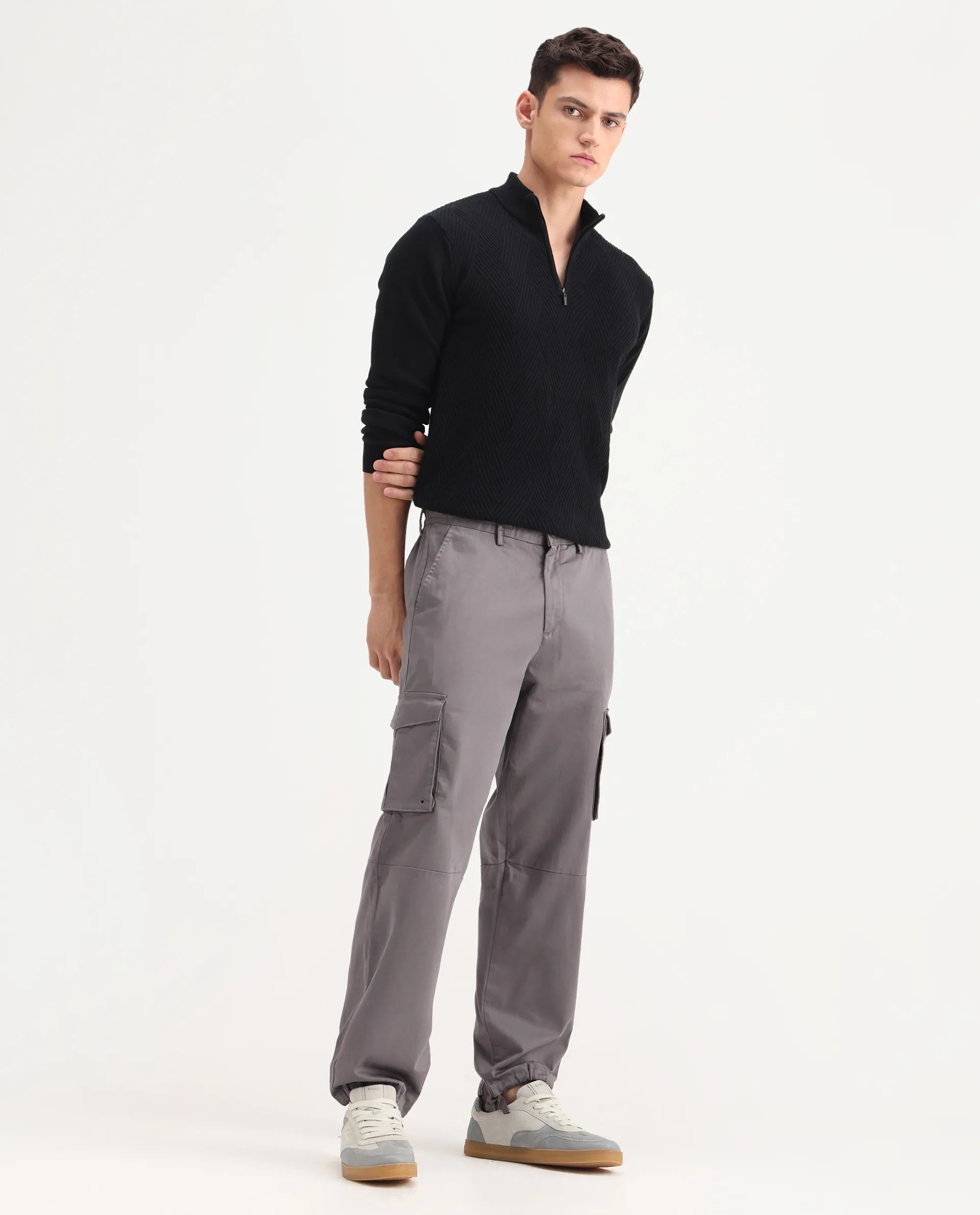 Rare Rabbit Men's Maks Dark Grey Cotton Plain Regular Fit Trouser