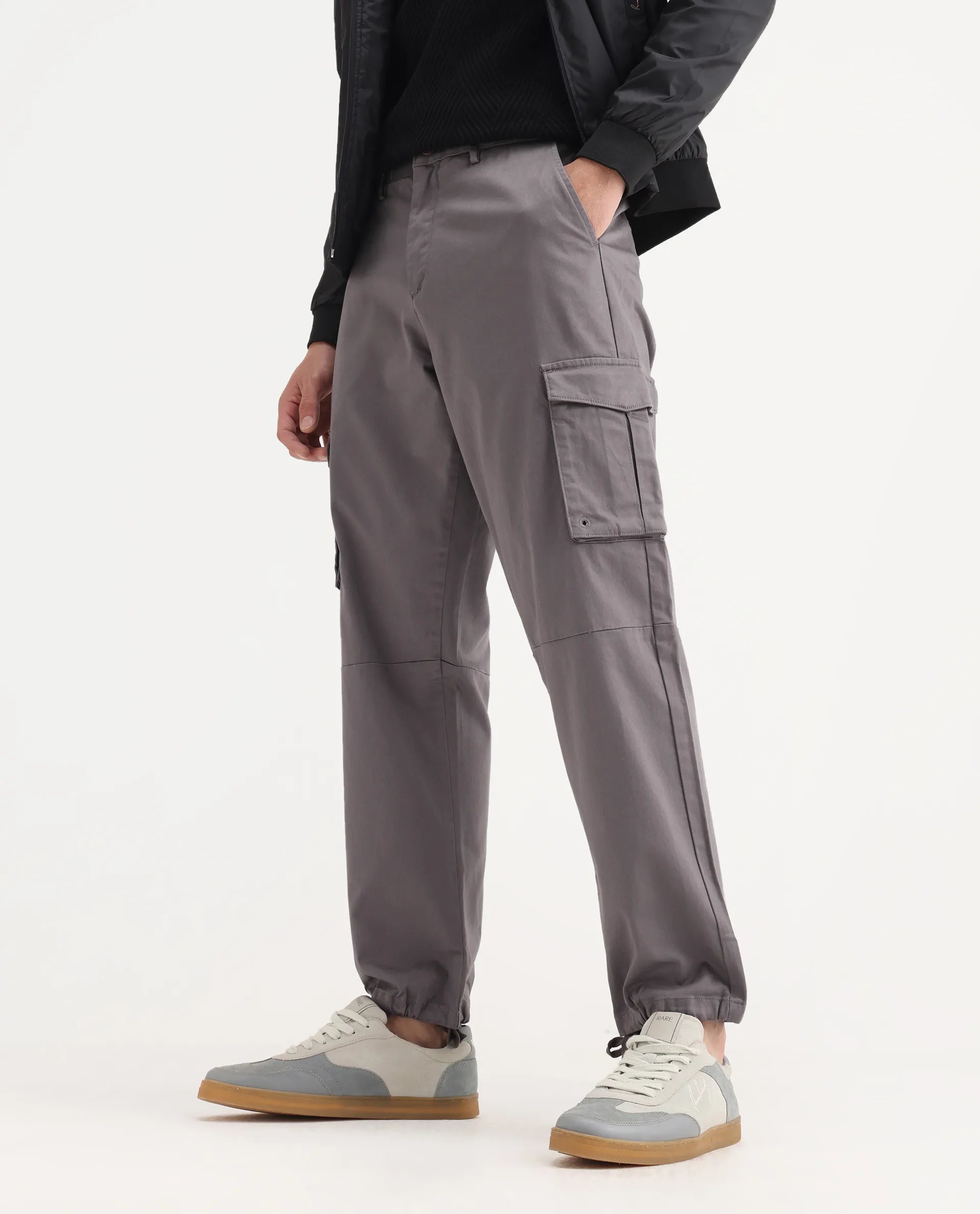 Rare Rabbit Men's Maks Dark Grey Cotton Plain Regular Fit Trouser
